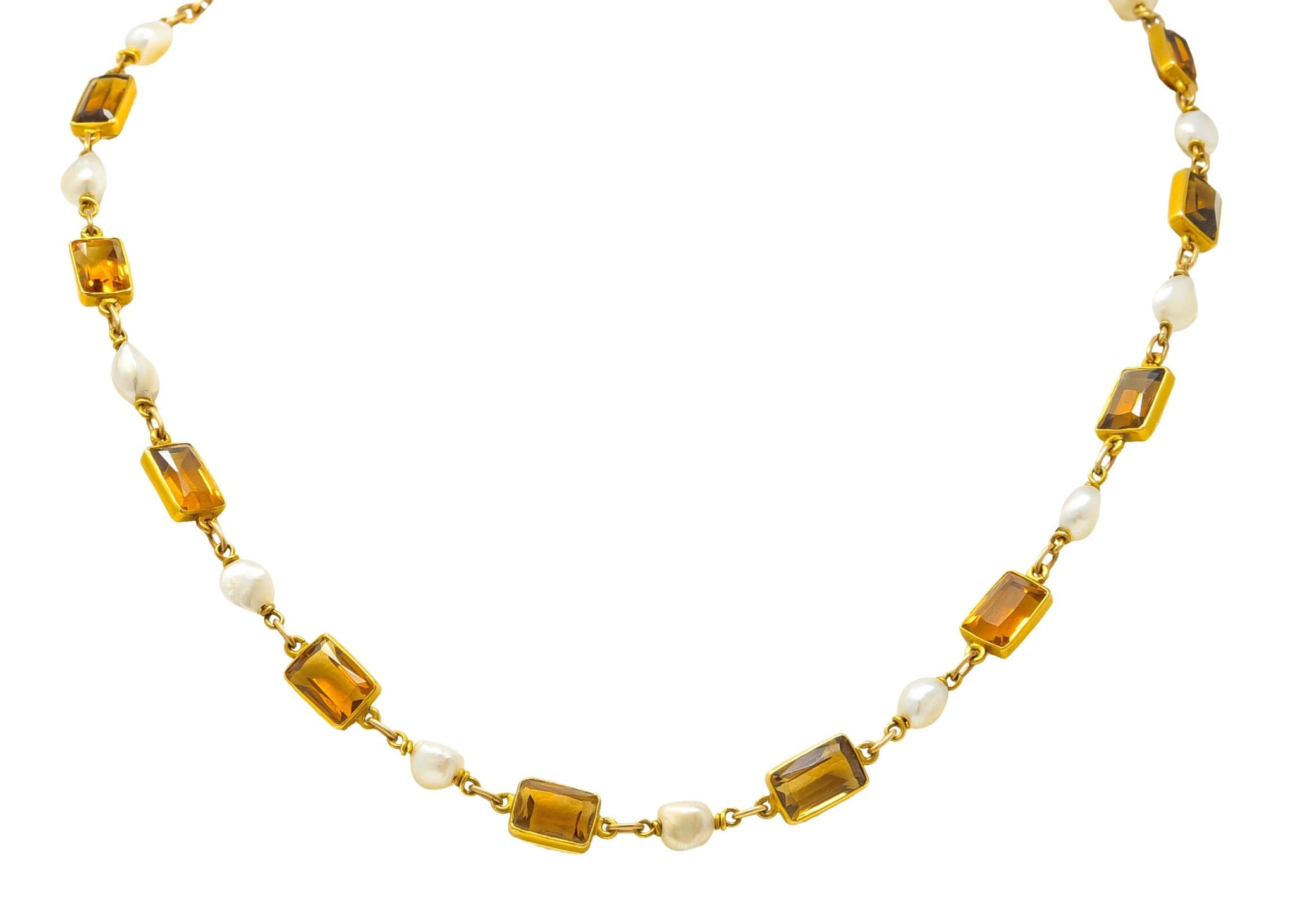 1905 Art Nouveau Citrine Pearl 14 Karat Gold Link Necklace - Wilson's Estate Jewelry