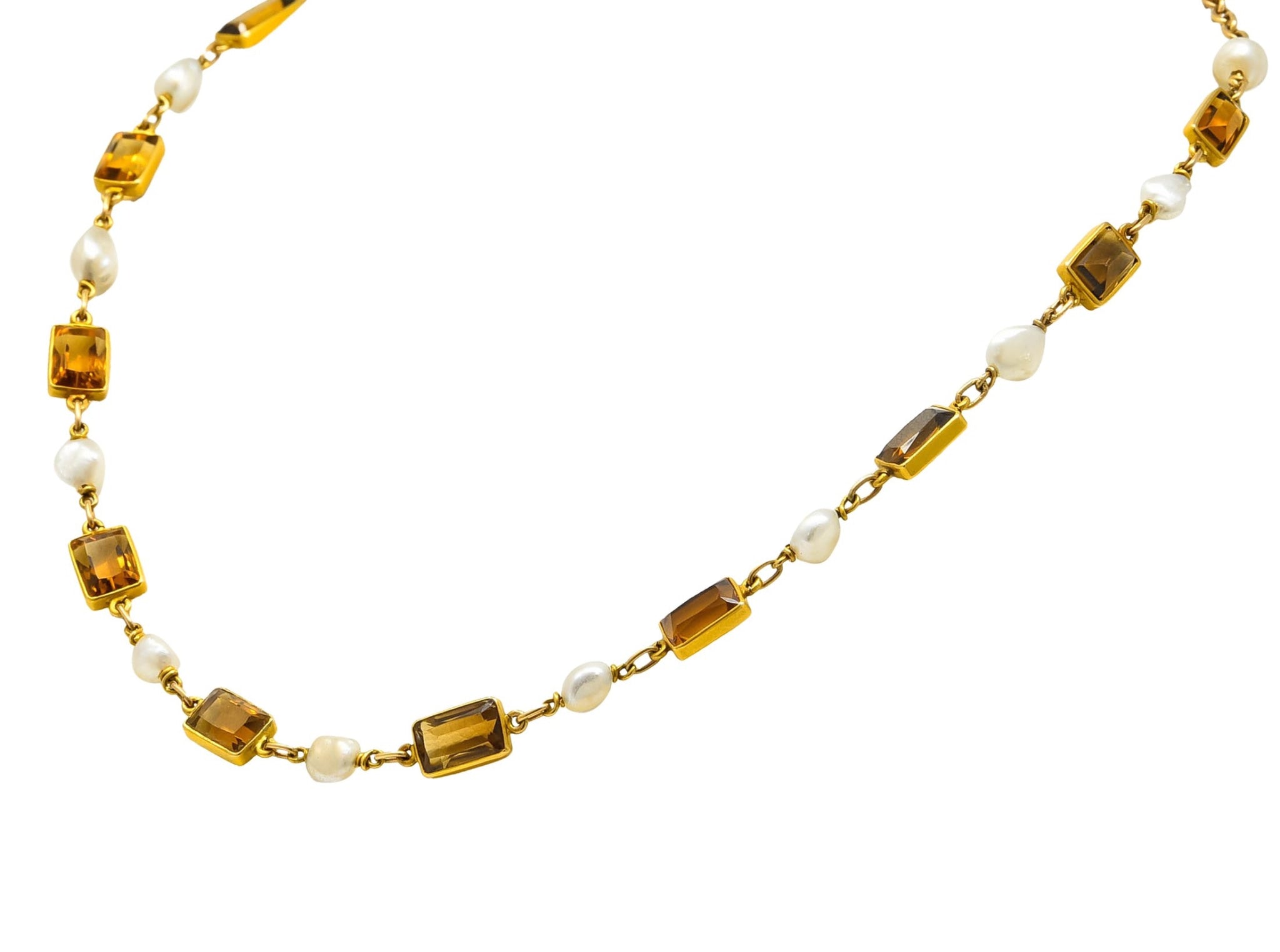 1905 Art Nouveau Citrine Pearl 14 Karat Gold Link Necklace - Wilson's Estate Jewelry