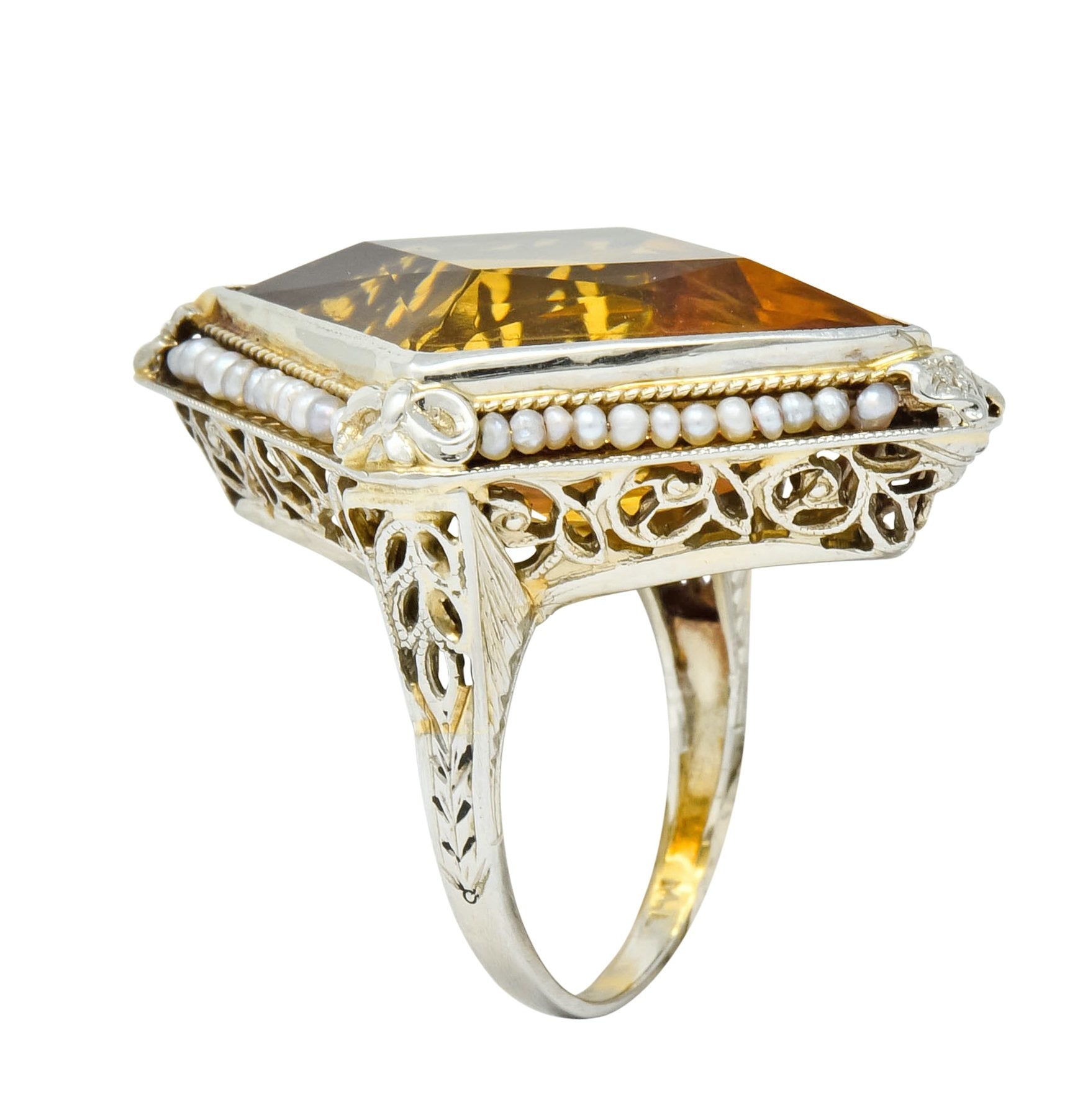 1920 Edwardian Citrine Seed Pearl 18 Karat White Gold Cocktail Ring - Wilson's Estate Jewelry