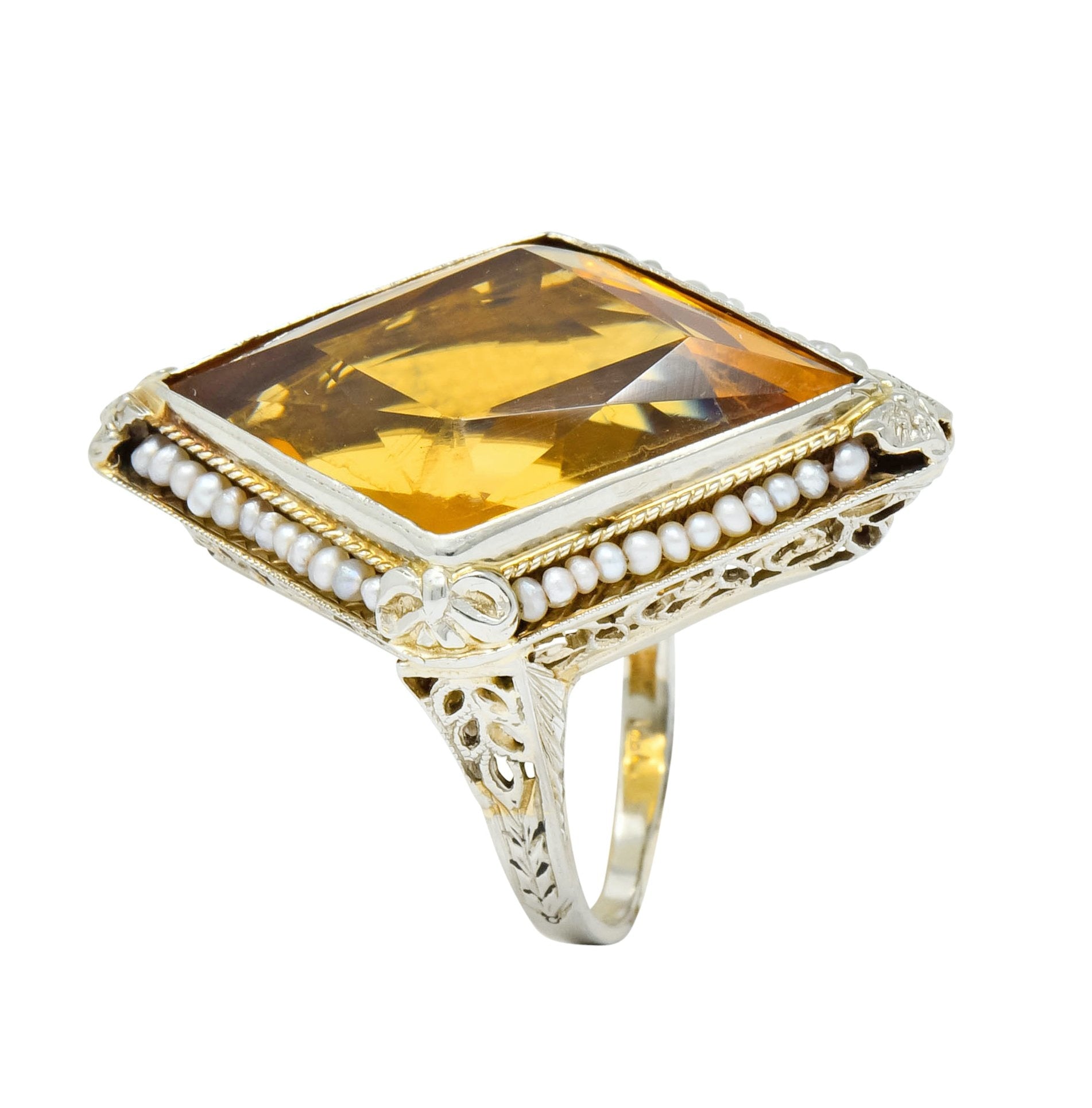 1920 Edwardian Citrine Seed Pearl 18 Karat White Gold Cocktail Ring - Wilson's Estate Jewelry