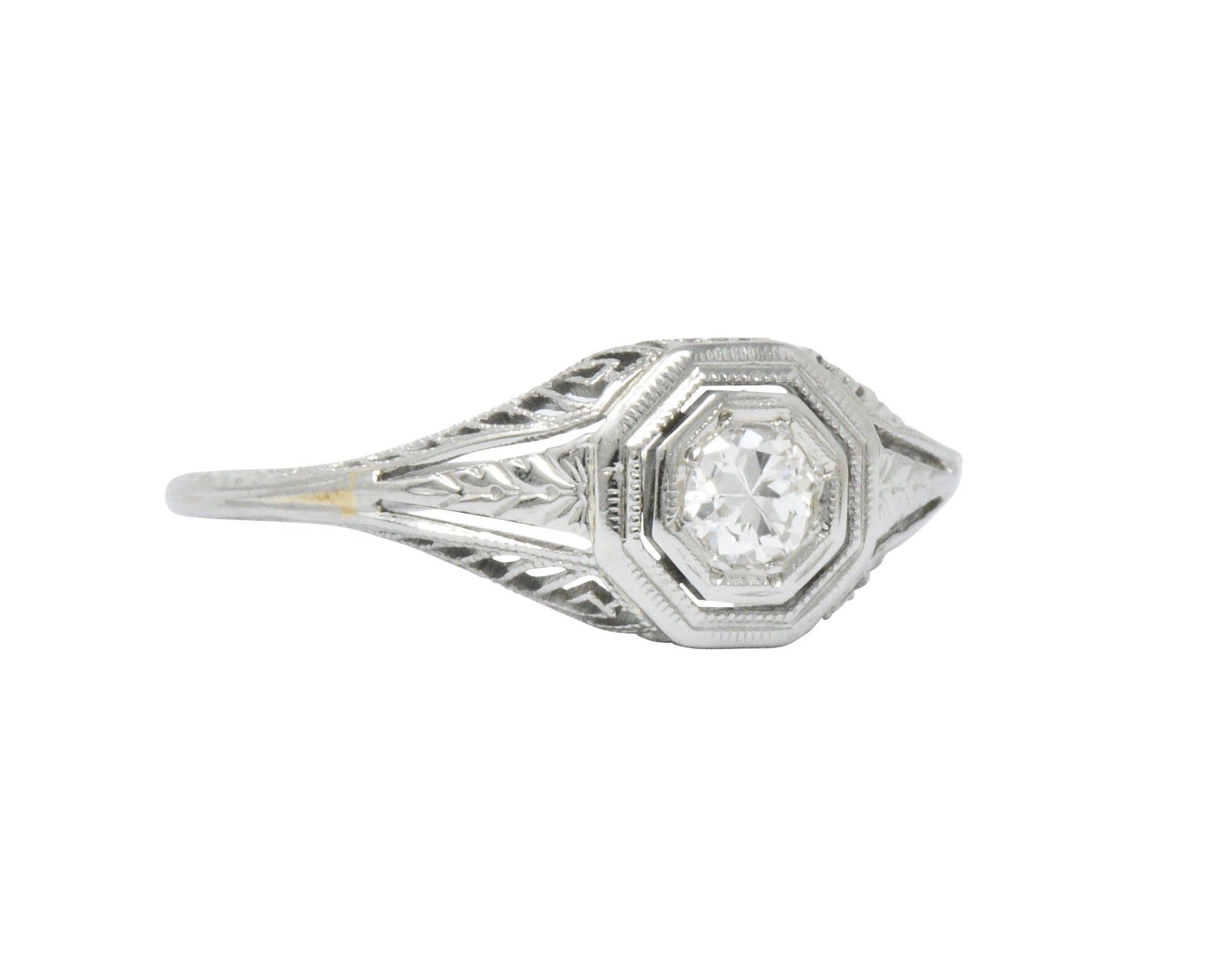 1920's Art Deco Diamond 18 Karat White Gold Foliate Engagement Ring Wilson's Estate Jewelry