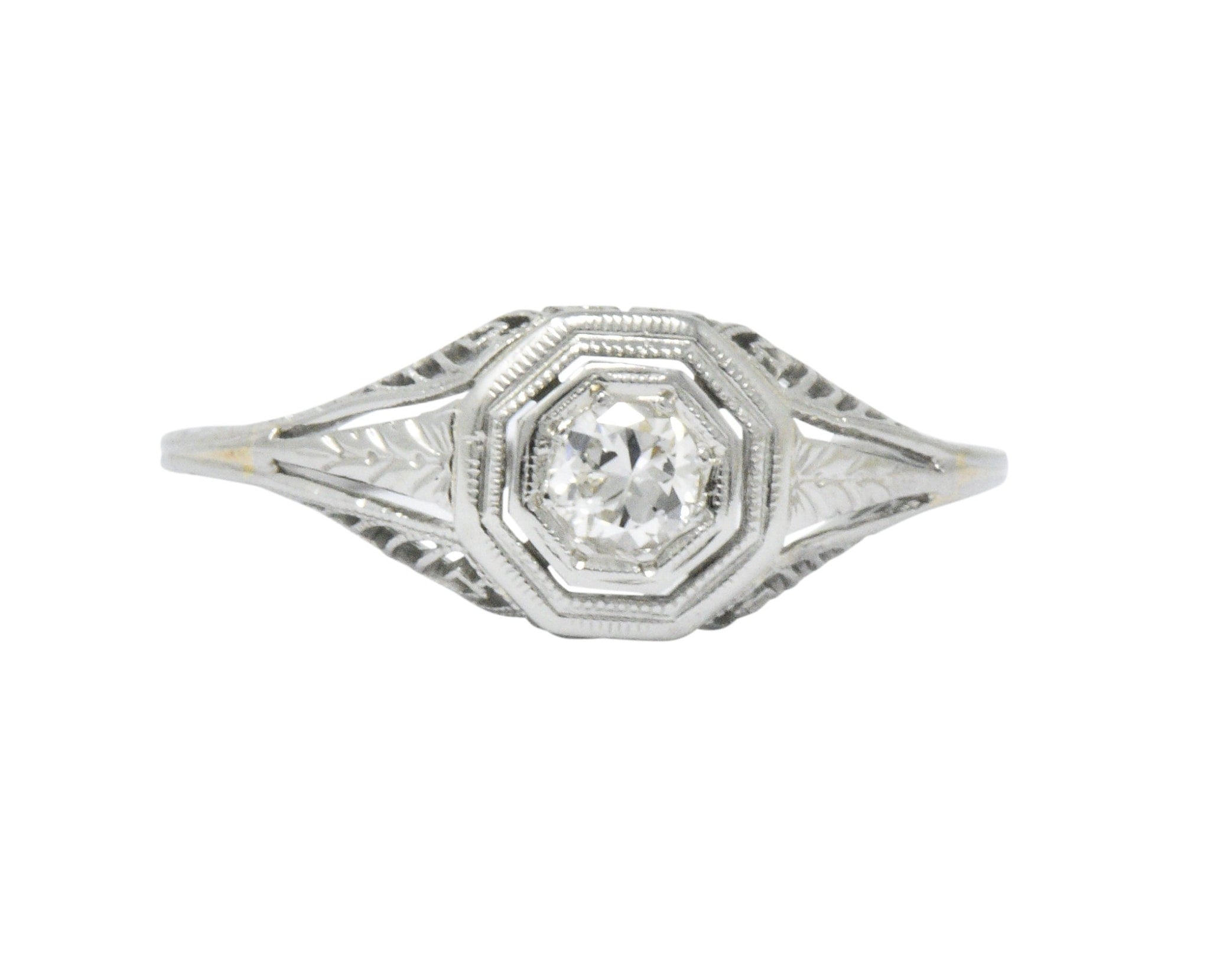 1920's Art Deco Diamond 18 Karat White Gold Foliate Engagement Ring Wilson's Estate Jewelry