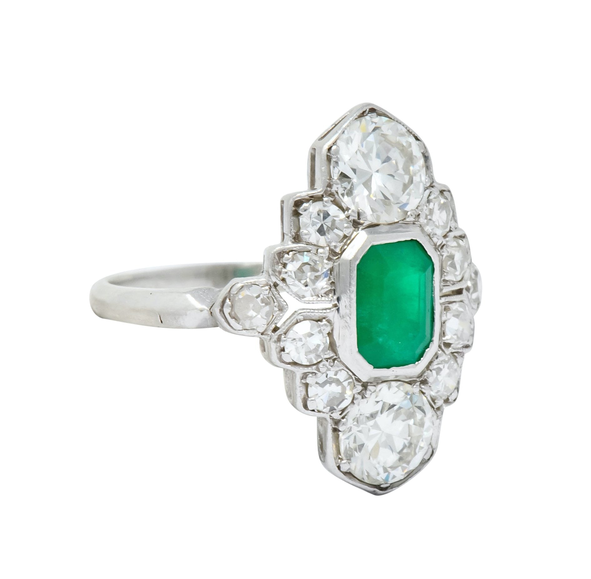 1930 Art Deco 1.80 CTW Emerald Diamond Platinum Dinner Ring - Wilson's Estate Jewelry