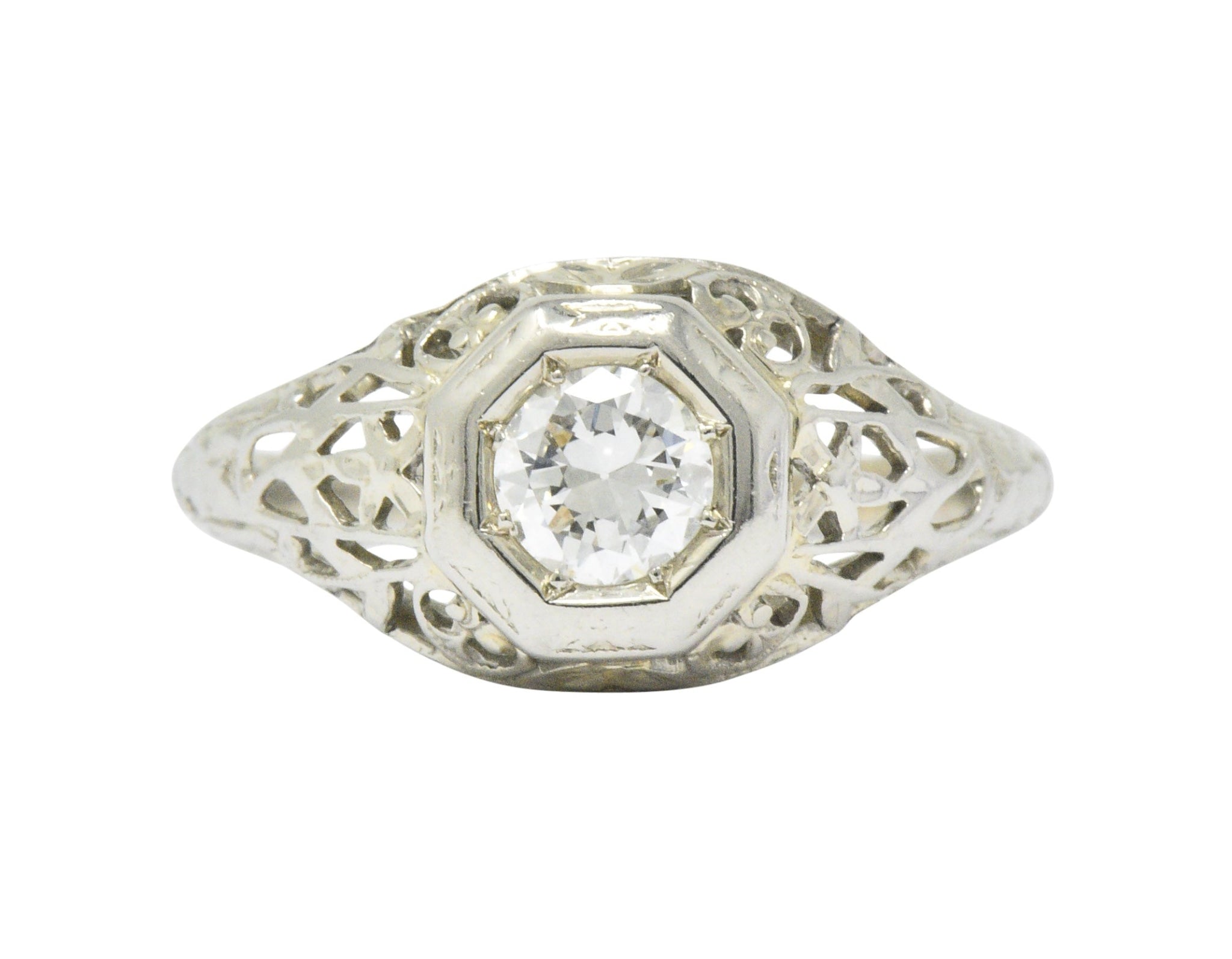 1930's 0.33 CTW Diamond 18 Karat White Gold Art Deco Engagement Ring Wilson's Estate Jewelry