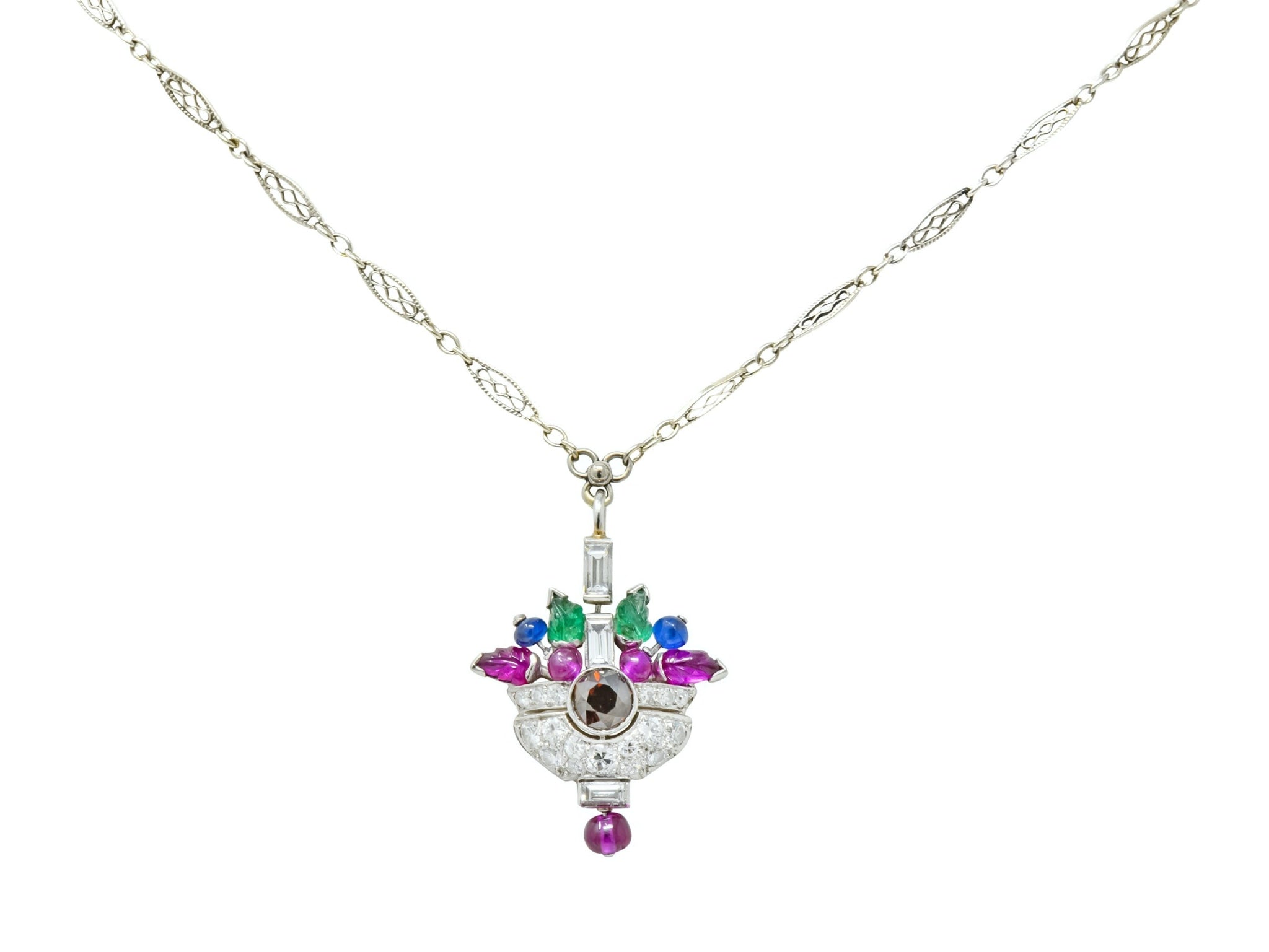 1930's Art Deco 1.20 CTW Diamond Sapphire Emerald Ruby Platinum Tutti Frutti Pendant Necklace - Wilson's Estate Jewelry