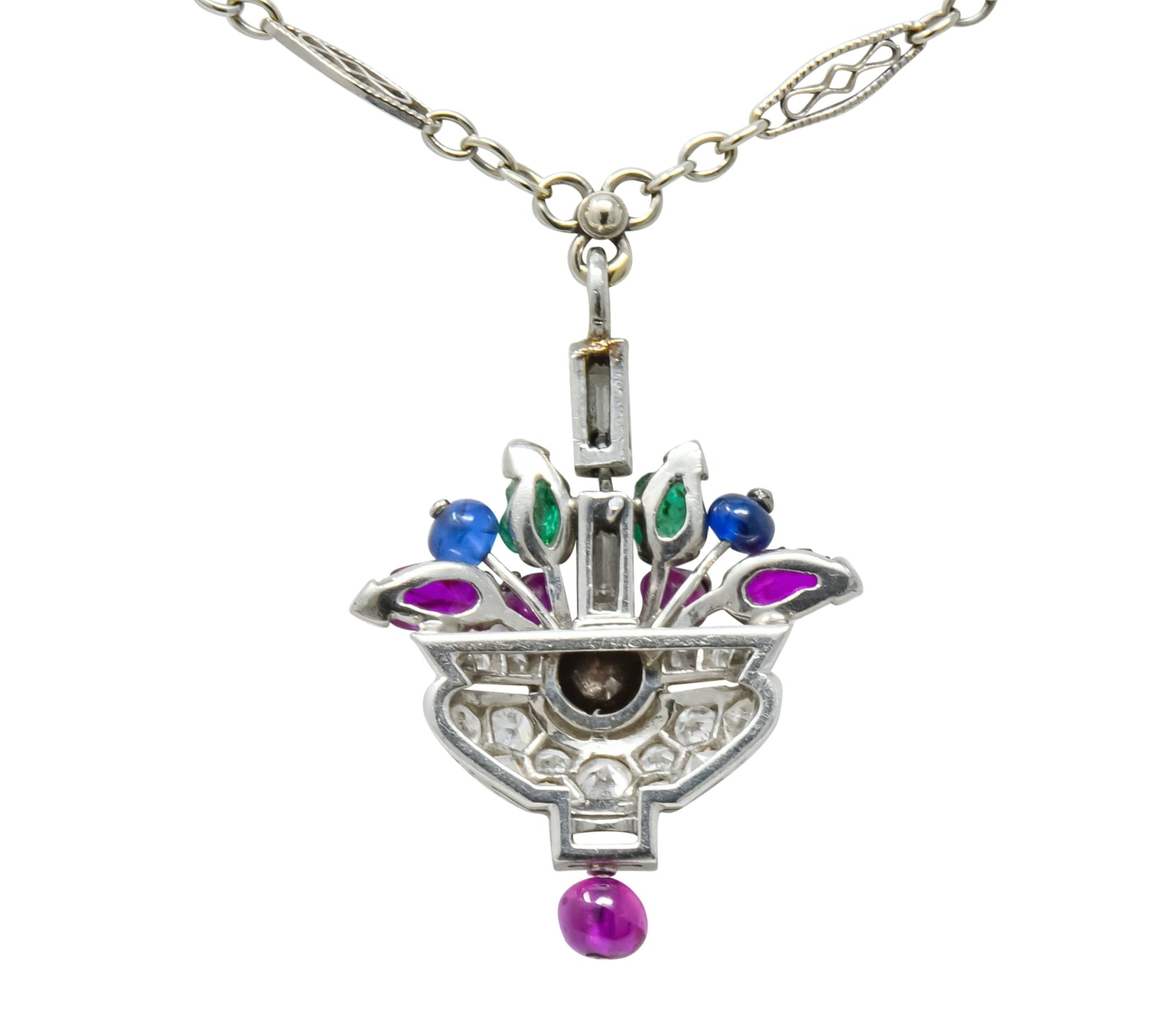 1930's Art Deco 1.20 CTW Diamond Sapphire Emerald Ruby Platinum Tutti Frutti Pendant Necklace - Wilson's Estate Jewelry