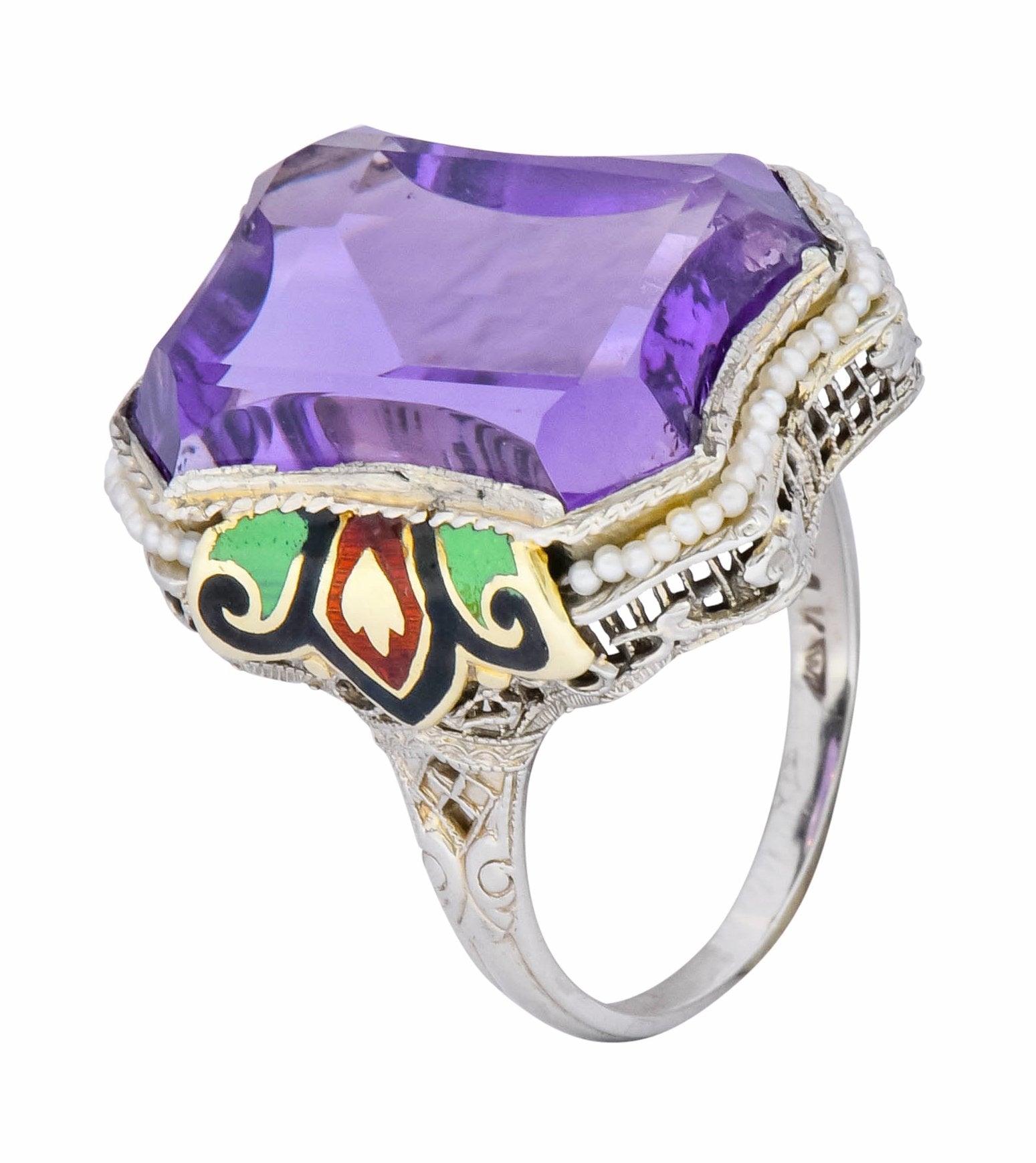 1930's Art Deco Amethyst Enamel Pearl 14 Karat Two-Tone Gold Statement Ring - Wilson's Estate Jewelry