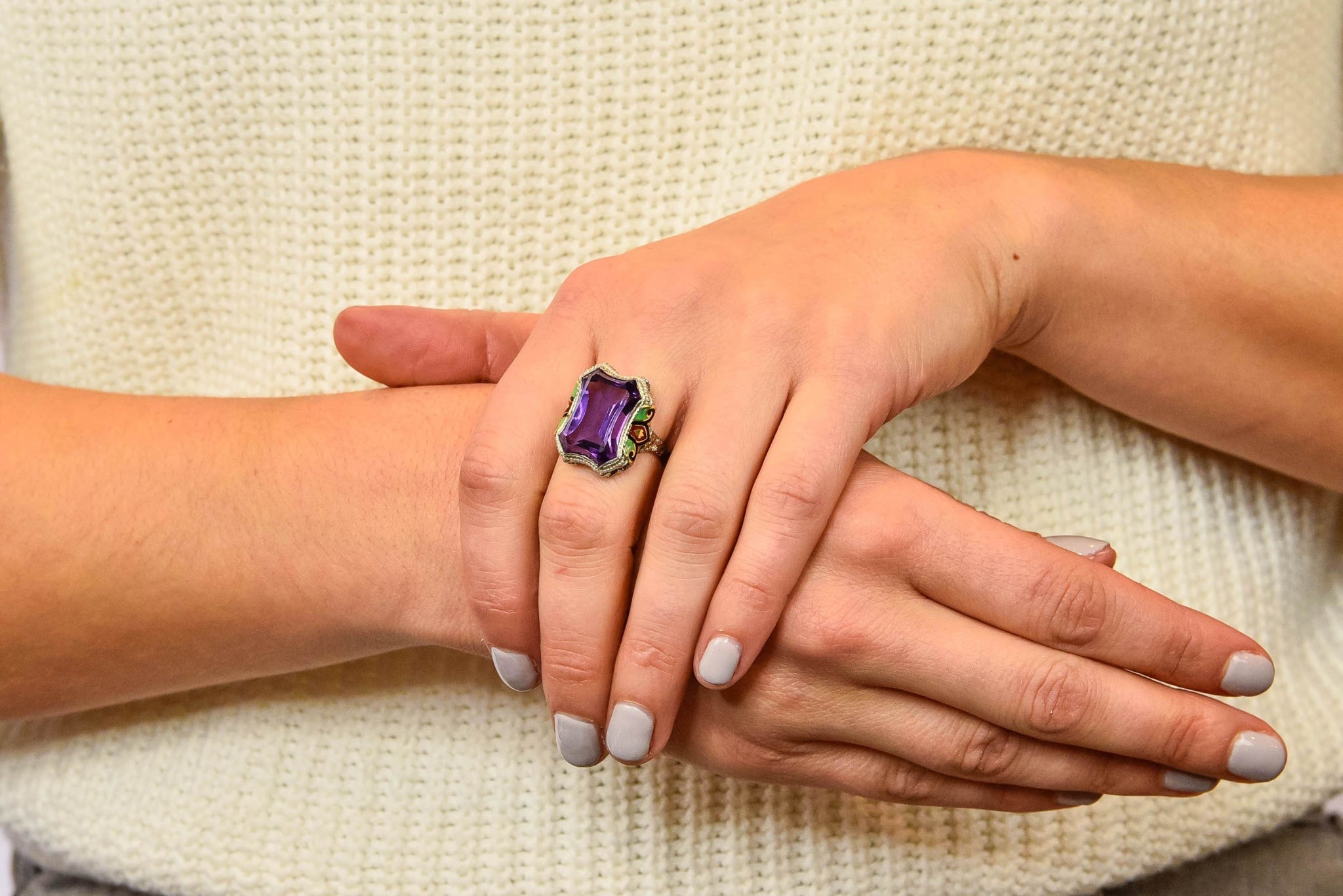 1930's Art Deco Amethyst Enamel Pearl 14 Karat Two-Tone Gold Statement Ring - Wilson's Estate Jewelry