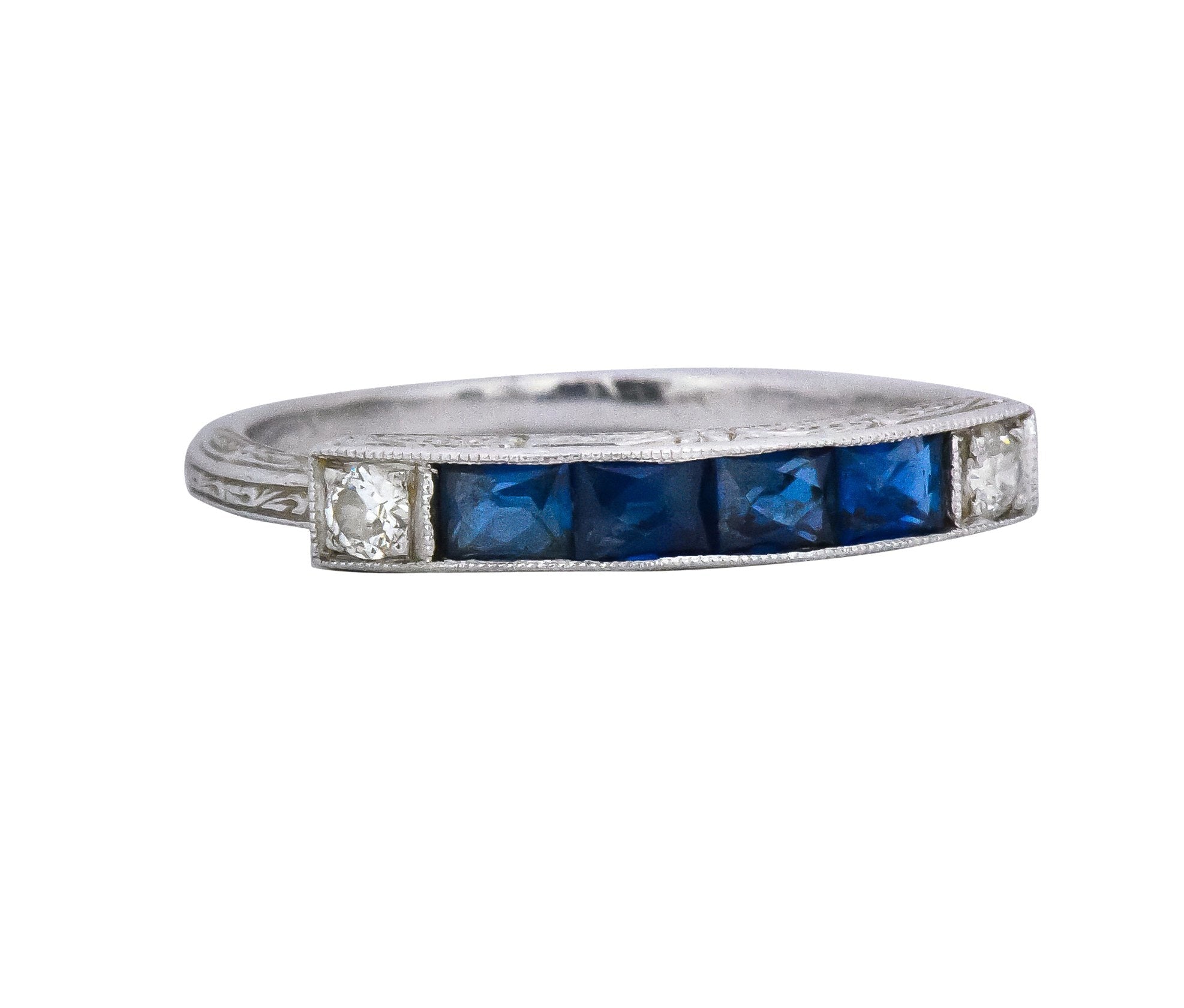 1930's Deco 1.10 CTW Sapphire Diamond Platinum Stackable Wedding Band Ring Wilson's Estate Jewelry