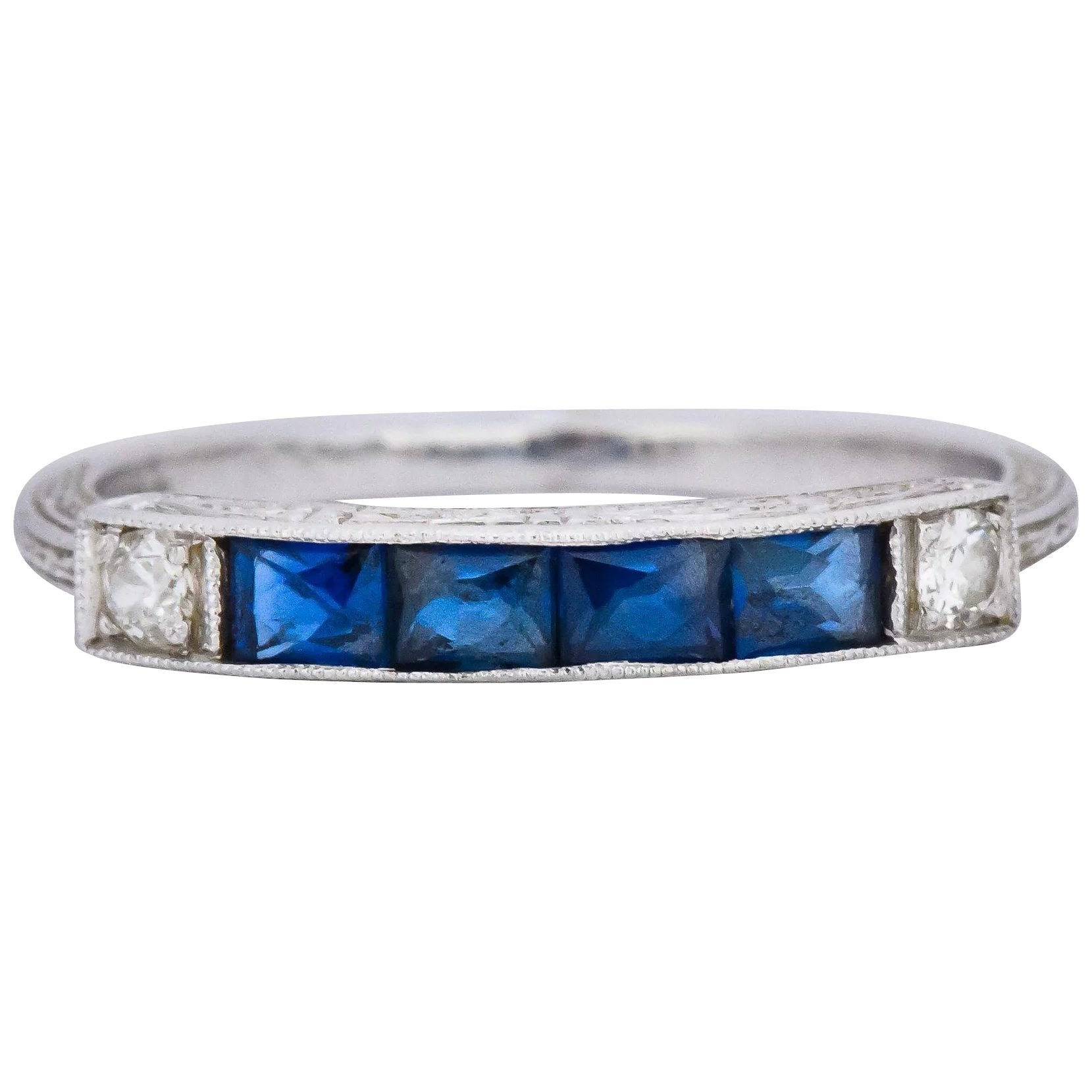 1930's Deco 1.10 CTW Sapphire Diamond Platinum Stackable Wedding Band Ring Wilson's Estate Jewelry