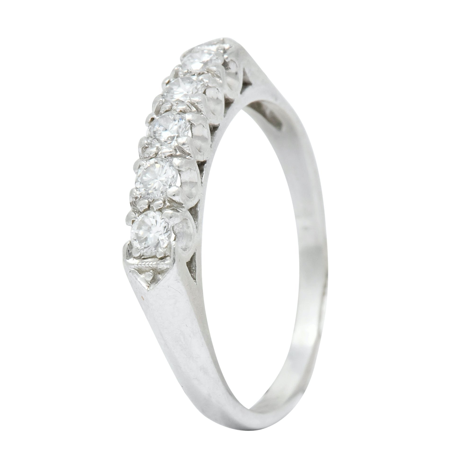 1940 Retro Round Brilliant Diamond Platinum Fishtail Band Stacking Ring - Wilson's Estate Jewelry