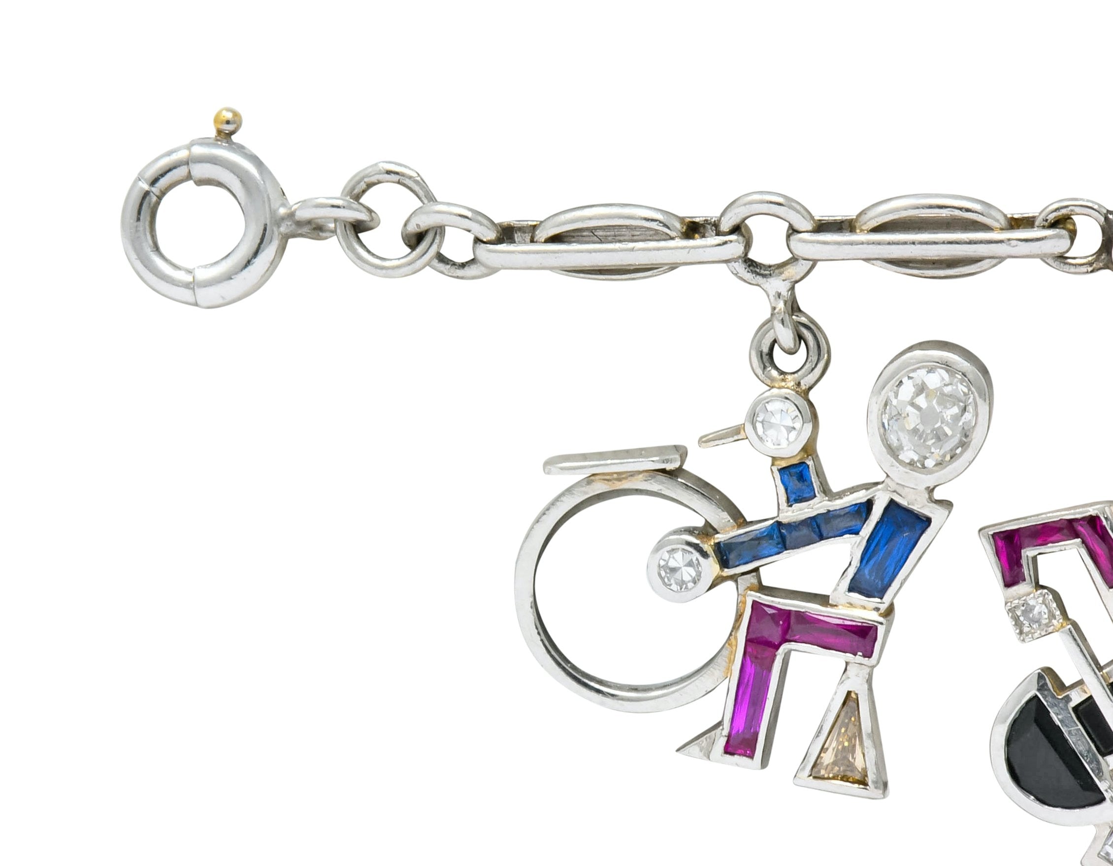 Retro Diamond Ruby Sapphire Platinum Jazz Band Musical Charm Bracelet Circa 1940s - Wilson's Estate Jewelry