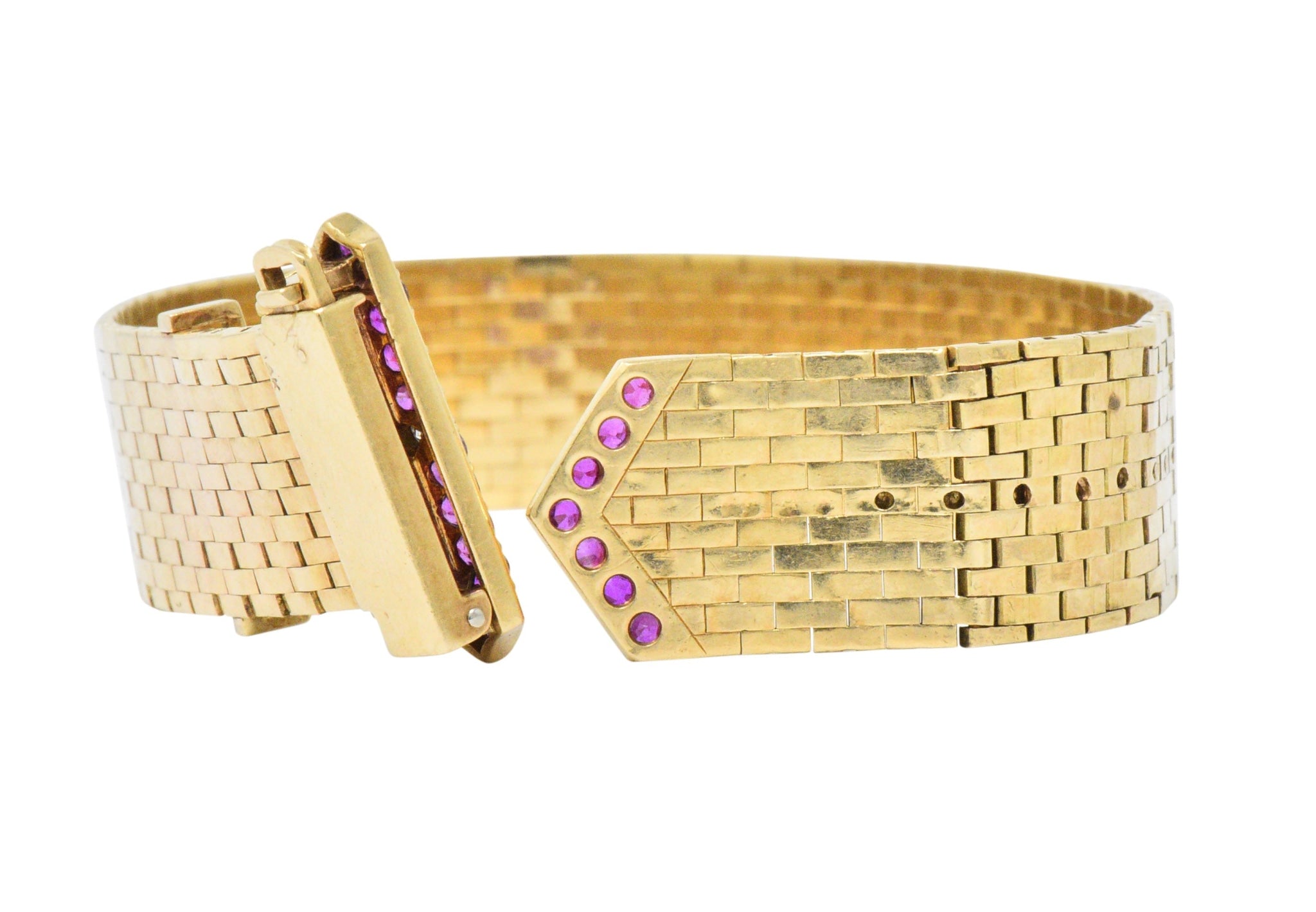 1940's Retro 1.37 CTW Ruby Diamond 14 Karat Gold Jarretière Buckle Link Bracelet Wilson's Estate Jewelry