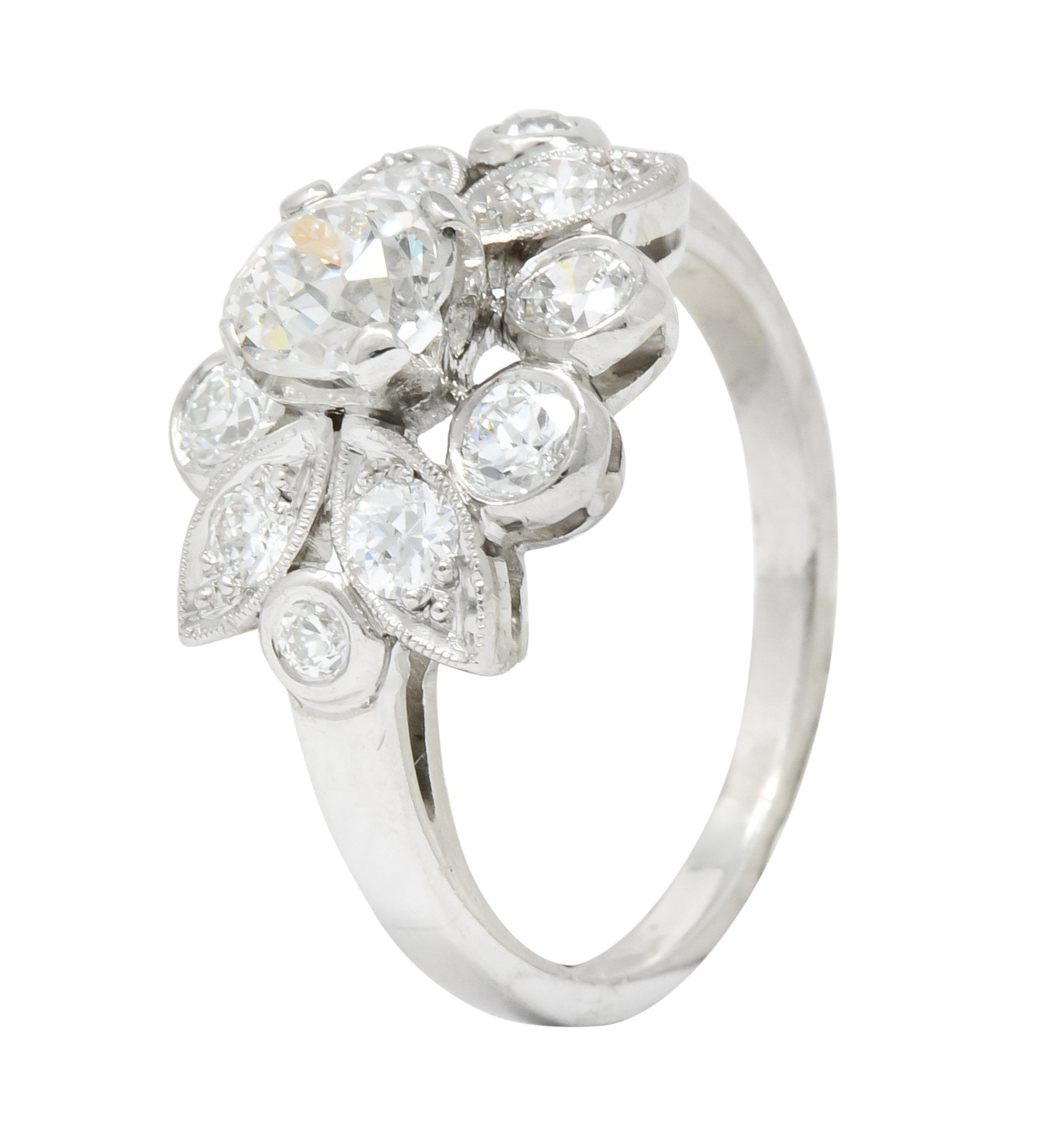 1940's Retro 1.42 CTW Diamond Platinum Foliate Cluster Engagement Ring - Wilson's Estate Jewelry