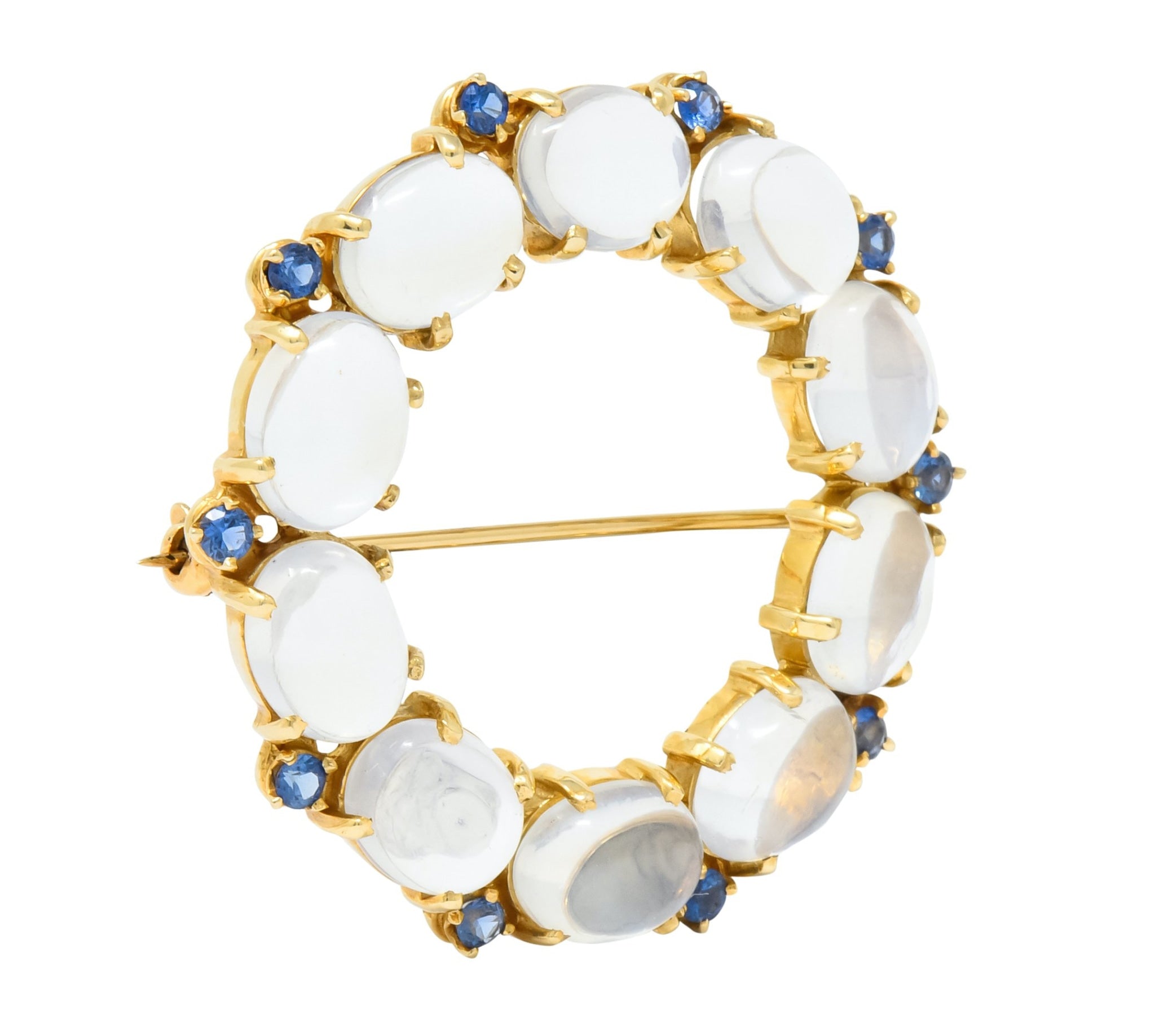 1940's Retro Sapphire Moonstone 14 Karat Gold Circle Pin Brooch - Wilson's Estate Jewelry