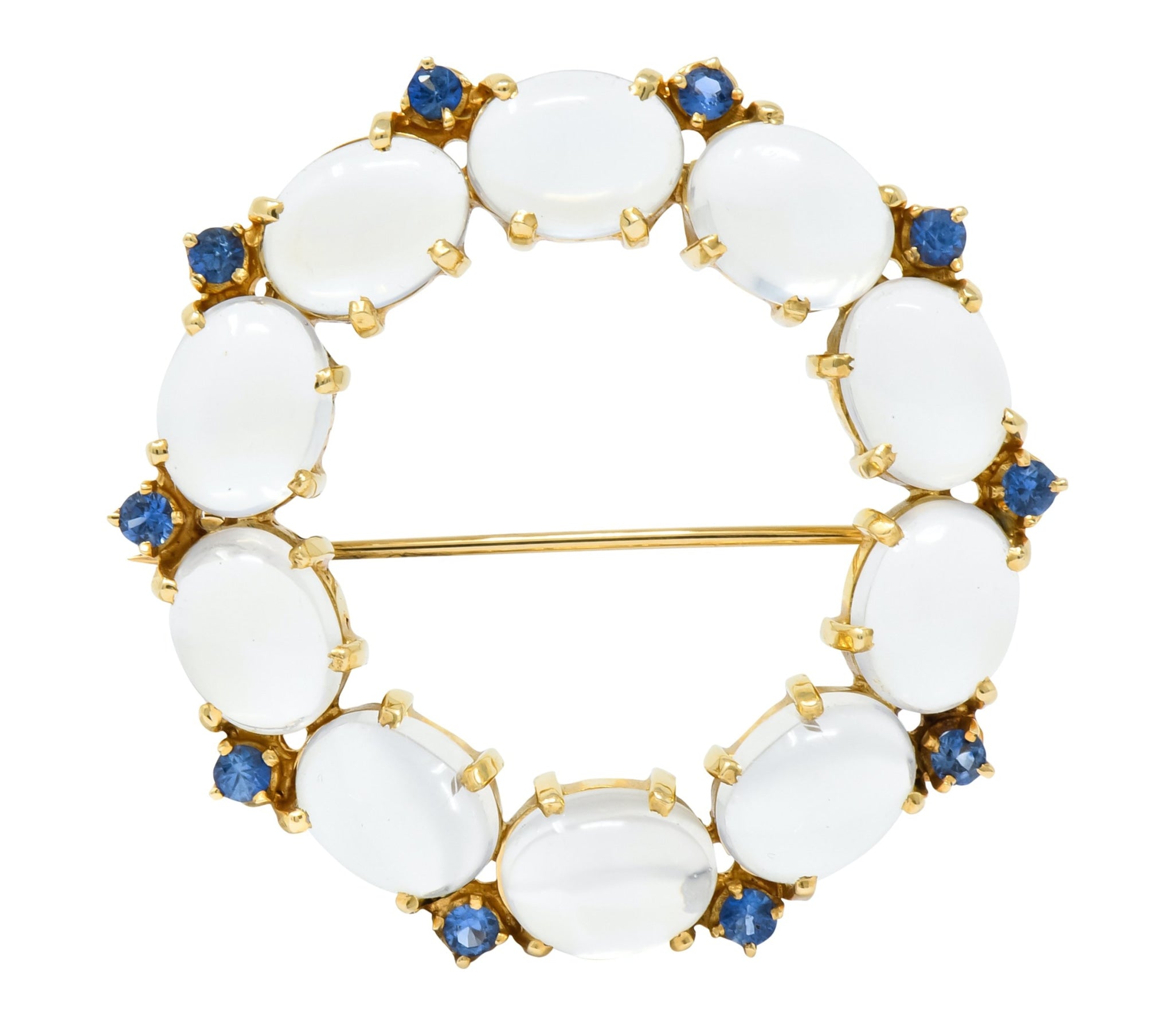 1940's Retro Sapphire Moonstone 14 Karat Gold Circle Pin Brooch - Wilson's Estate Jewelry