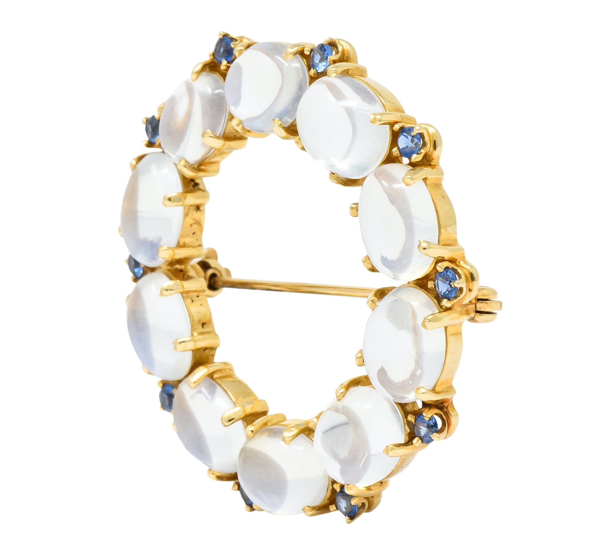 1940's Retro Sapphire Moonstone 14 Karat Gold Circle Pin Brooch - Wilson's Estate Jewelry