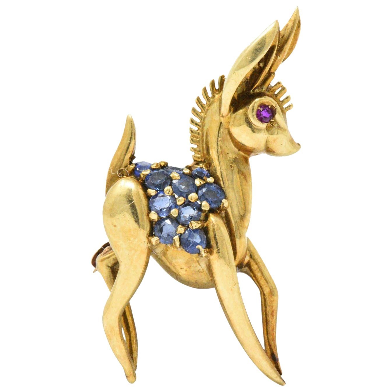 1950's .90CTW Sapphire, Ruby & 18K Gold Deer/Doe Brooch Wilson's Estate Jewelry