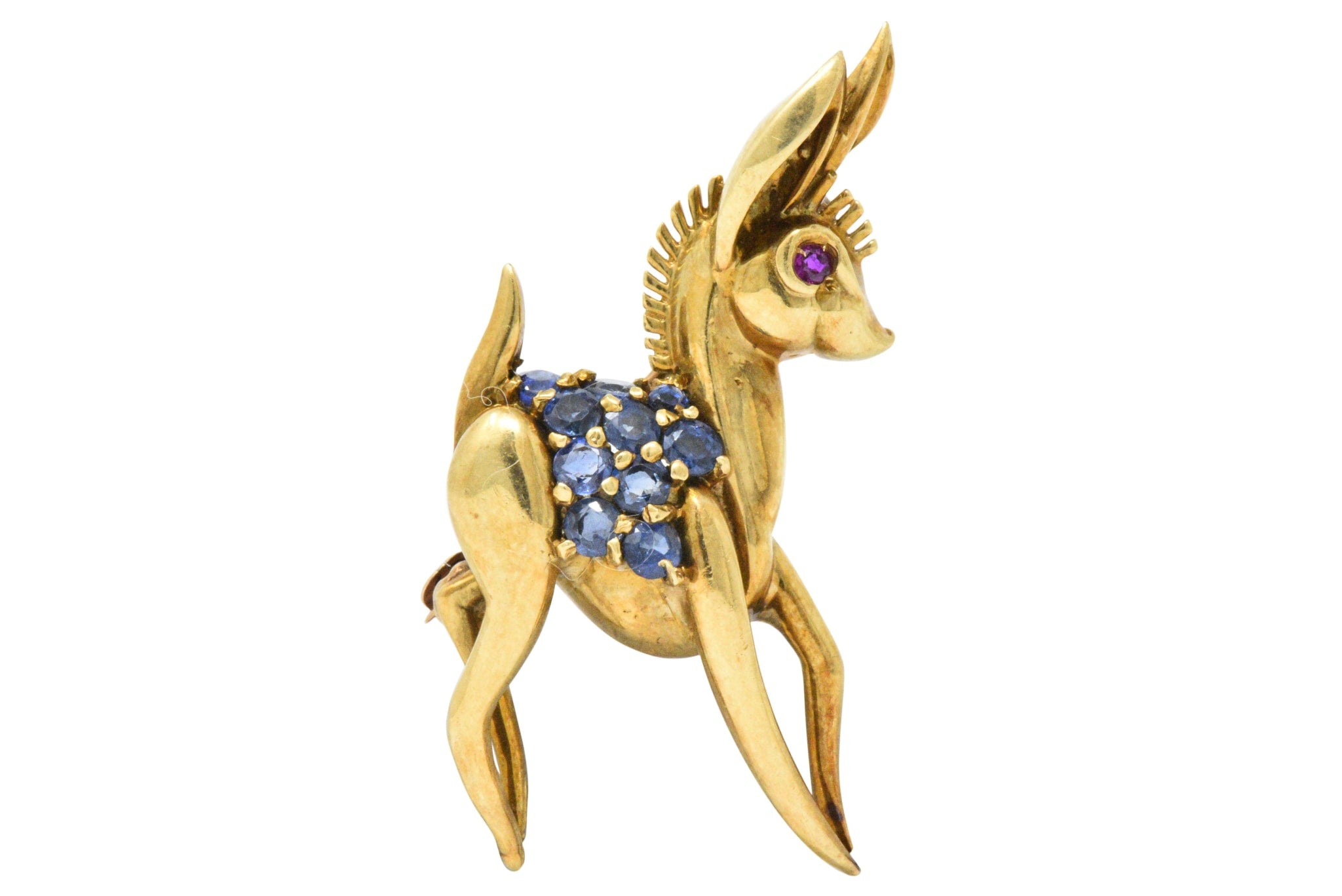 1950's .90CTW Sapphire, Ruby & 18K Gold Deer/Doe Brooch Wilson's Estate Jewelry