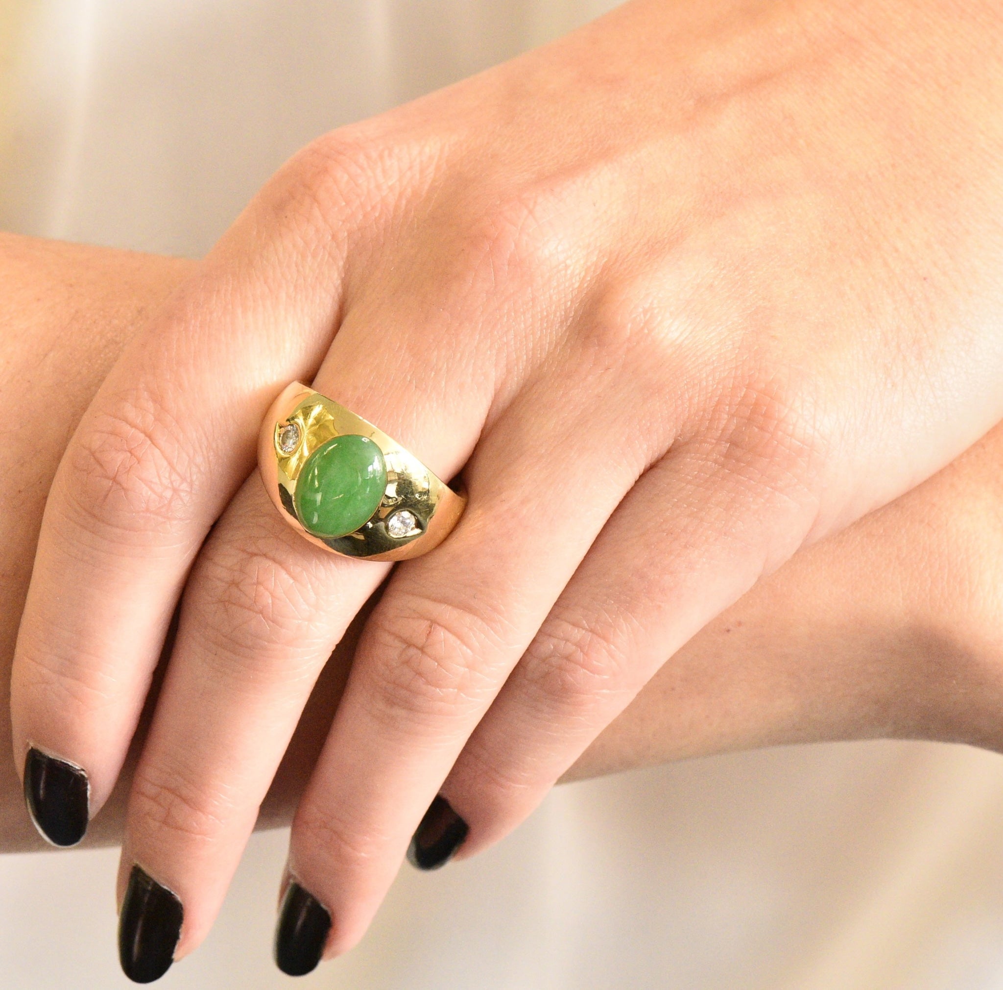 1950's Jadeite Jade Cabochon Diamond 18 Karat Gold Unisex Ring GIA Wilson's Estate Jewelry