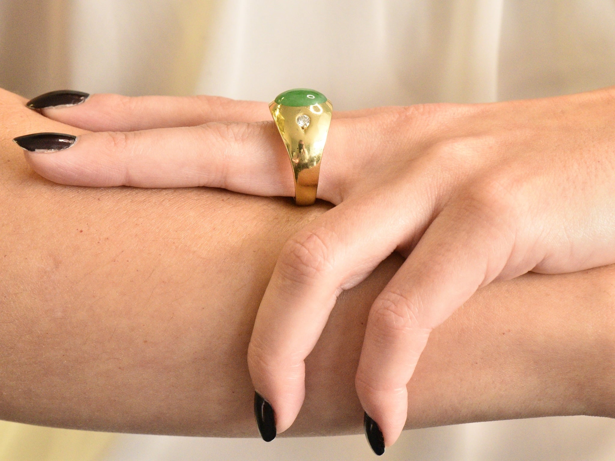 1950's Jadeite Jade Cabochon Diamond 18 Karat Gold Unisex Ring GIA Wilson's Estate Jewelry