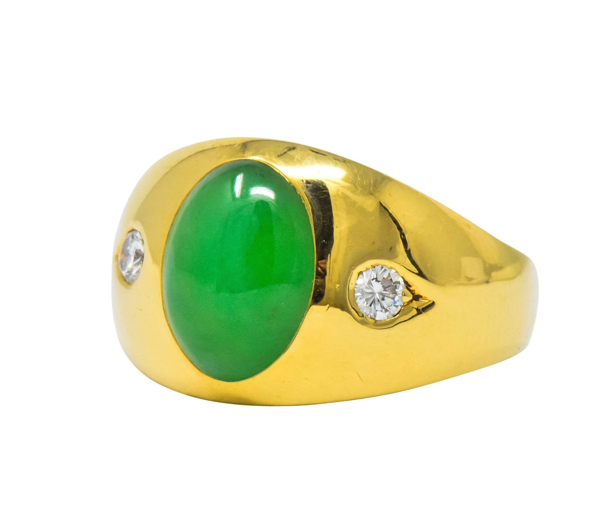 1950's Jadeite Jade Cabochon Diamond 18 Karat Gold Unisex Ring GIA Wilson's Estate Jewelry