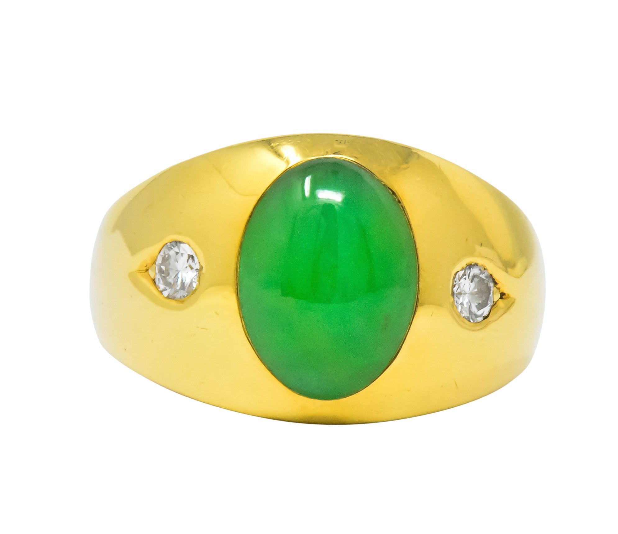 1950's Jadeite Jade Cabochon Diamond 18 Karat Gold Unisex Ring GIA Wilson's Estate Jewelry