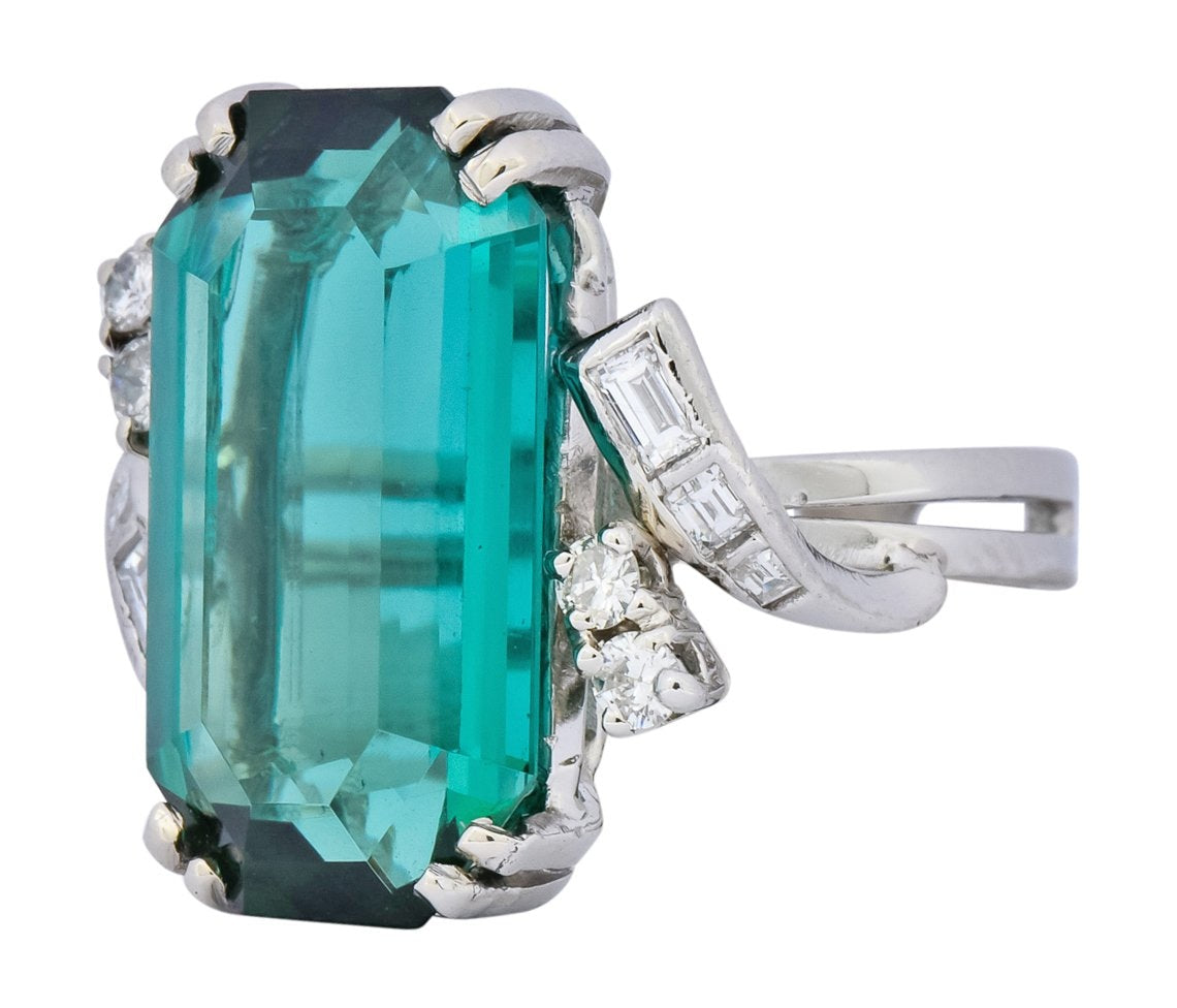 1960's 8.28 CTW Emerald Cut Tourmaline Diamond Platinum Cocktail Ring - Wilson's Estate Jewelry