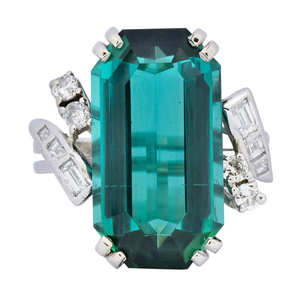 1960's 8.28 CTW Emerald Cut Tourmaline Diamond Platinum Cocktail Ring - Wilson's Estate Jewelry