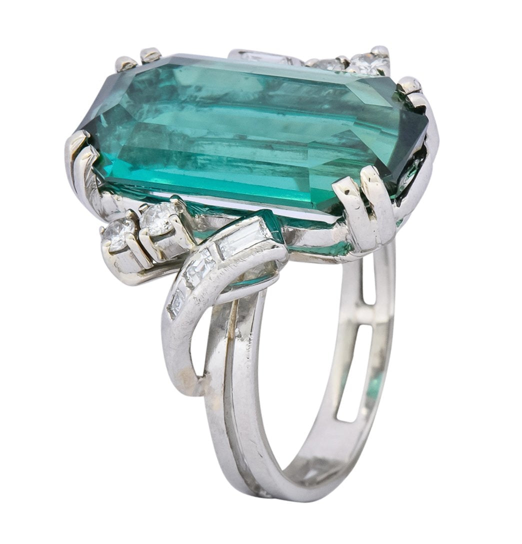 1960's 8.28 CTW Emerald Cut Tourmaline Diamond Platinum Cocktail Ring - Wilson's Estate Jewelry