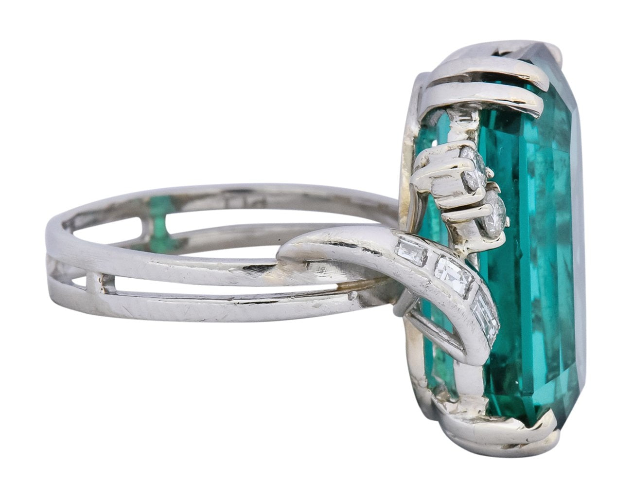 1960's 8.28 CTW Emerald Cut Tourmaline Diamond Platinum Cocktail Ring - Wilson's Estate Jewelry