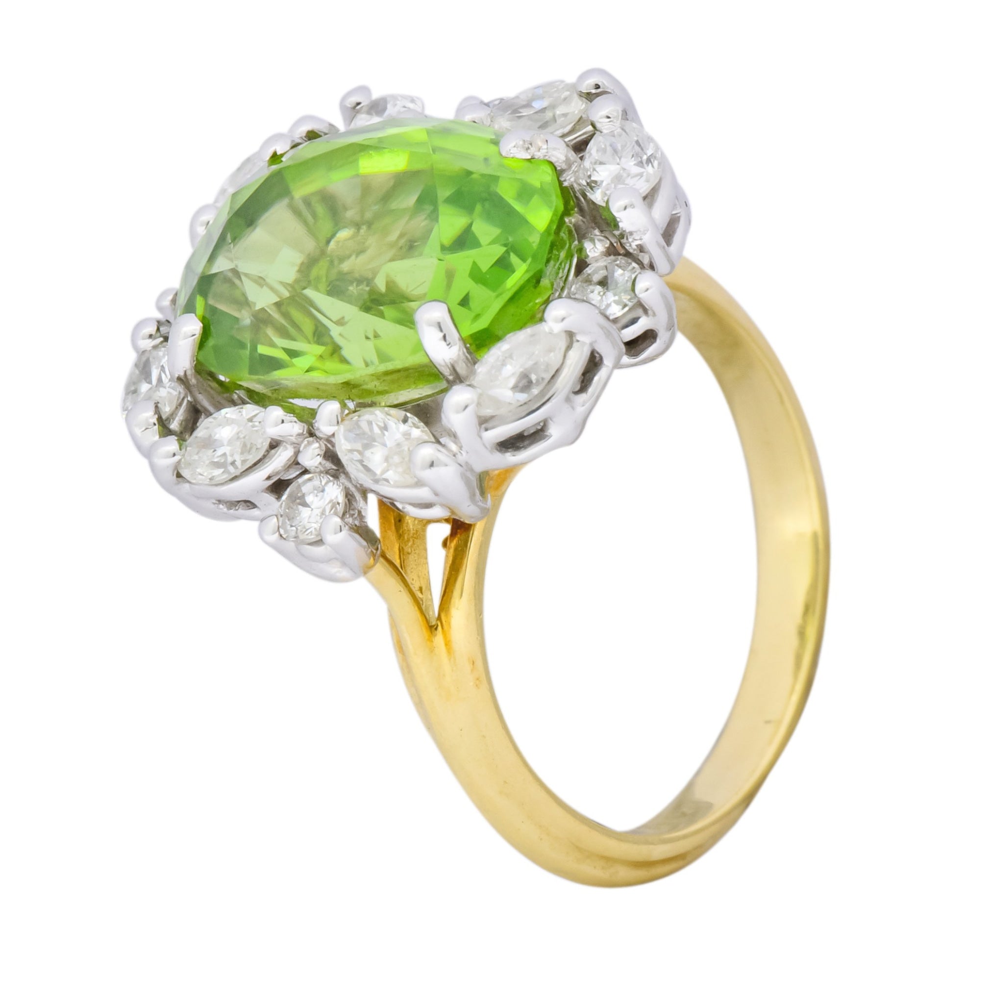 1970's 4.75 CTW Peridot Diamond 18 Karat Two-Tone Gold Cluster Ring - Wilson's Estate Jewelry