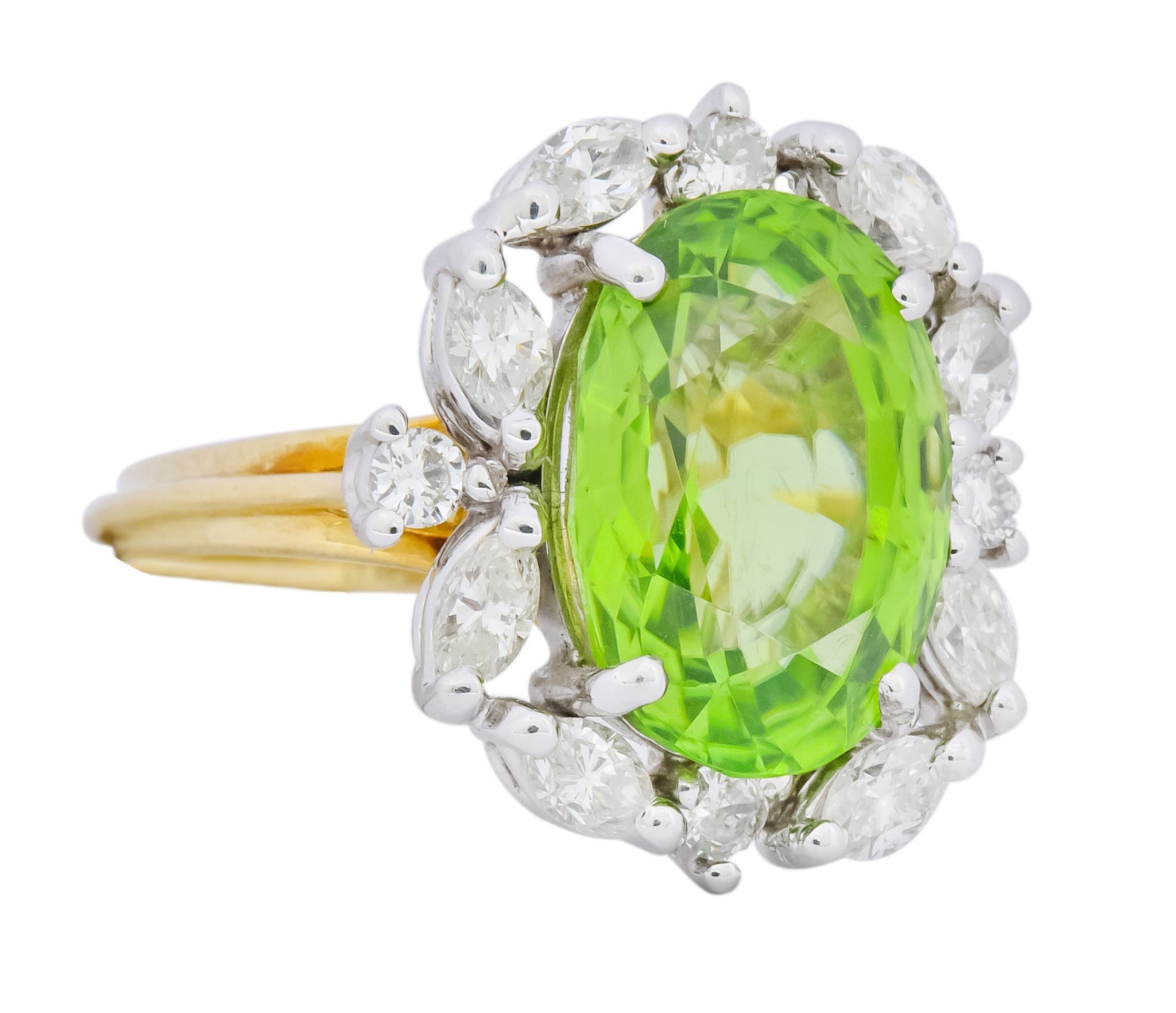 1970's 4.75 CTW Peridot Diamond 18 Karat Two-Tone Gold Cluster Ring - Wilson's Estate Jewelry