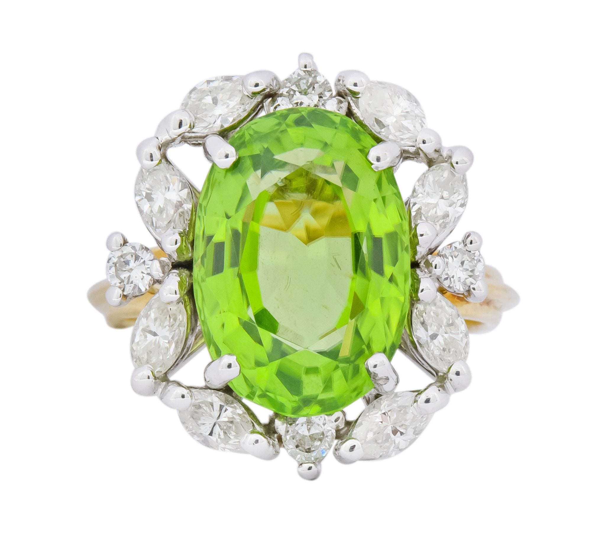 1970's 4.75 CTW Peridot Diamond 18 Karat Two-Tone Gold Cluster Ring - Wilson's Estate Jewelry