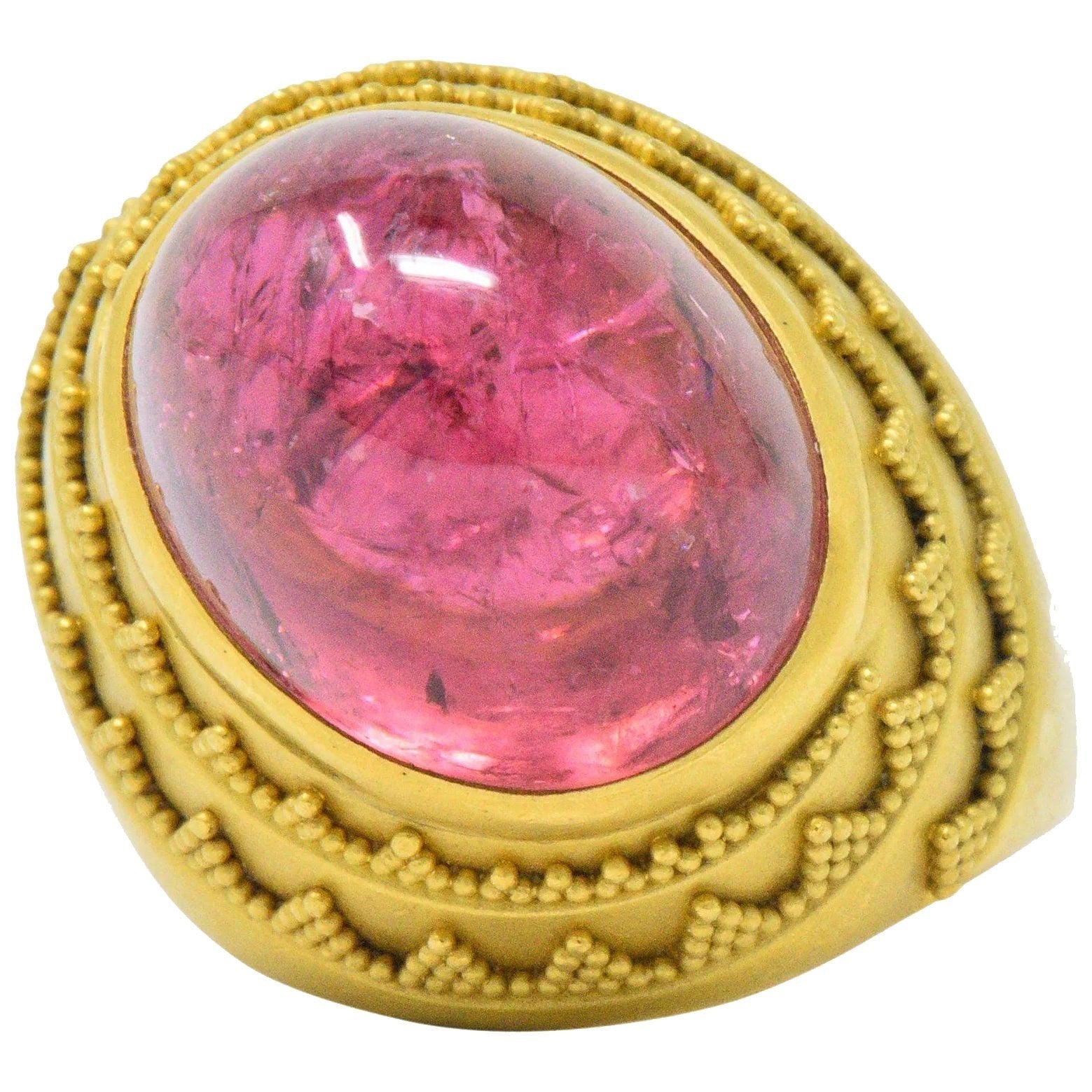 1980's Oval Cabochon Pink Tourmaline 22 Karat Gold Ring Wilson's Estate Jewelry