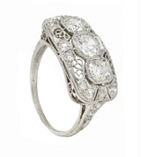 Art Deco 1.32 CTW Diamond Platinum Filigree Vintage Three Stone Ring