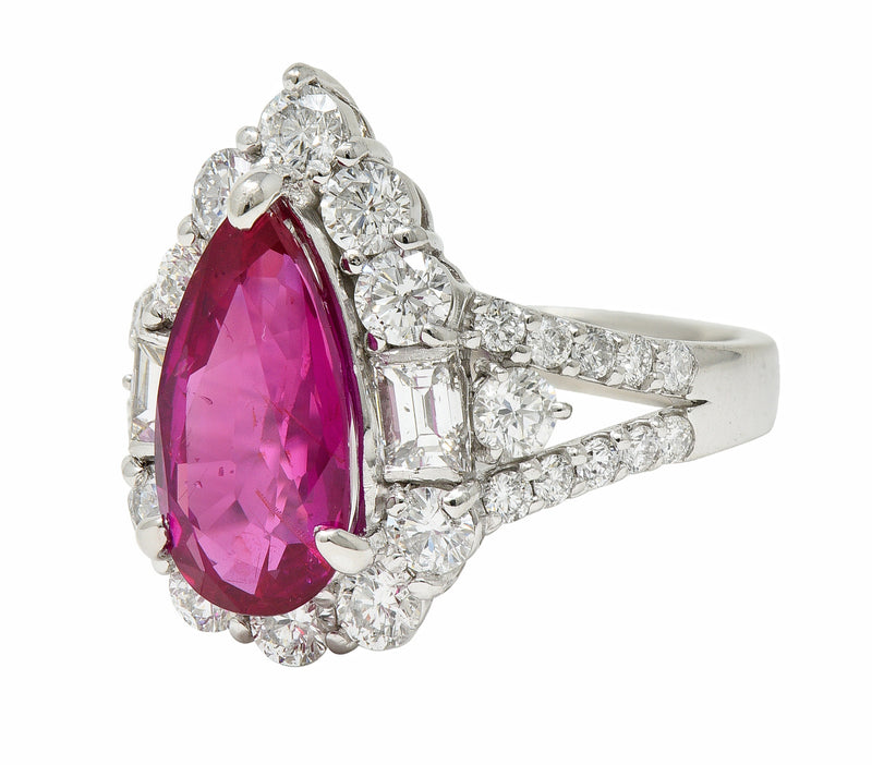 Contemporary 5.11 CTW Pear Cut Mozambique No Heat Ruby Diamond Ring AGL