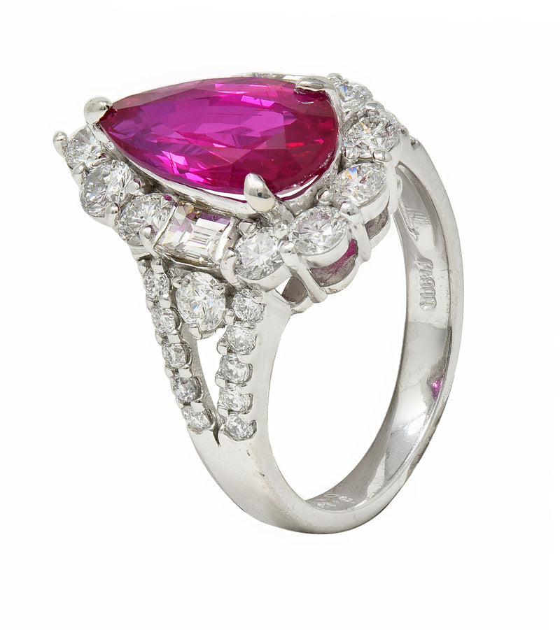 Contemporary 5.11 CTW Pear Cut Mozambique No Heat Ruby Diamond Ring AGL