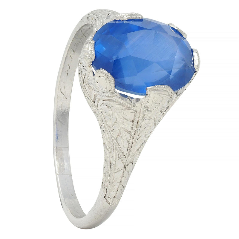 Art Deco 4.43 CTW No Heat Ceylon Sapphire Platinum Foliate Vintage Ring GIA