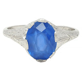 Art Deco 4.43 CTW No Heat Ceylon Sapphire Platinum Foliate Vintage Ring GIA