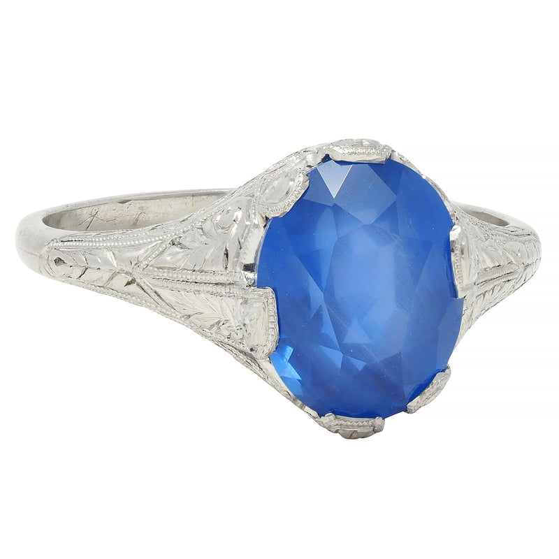 Art Deco 4.43 CTW No Heat Ceylon Sapphire Platinum Foliate Vintage Ring GIA