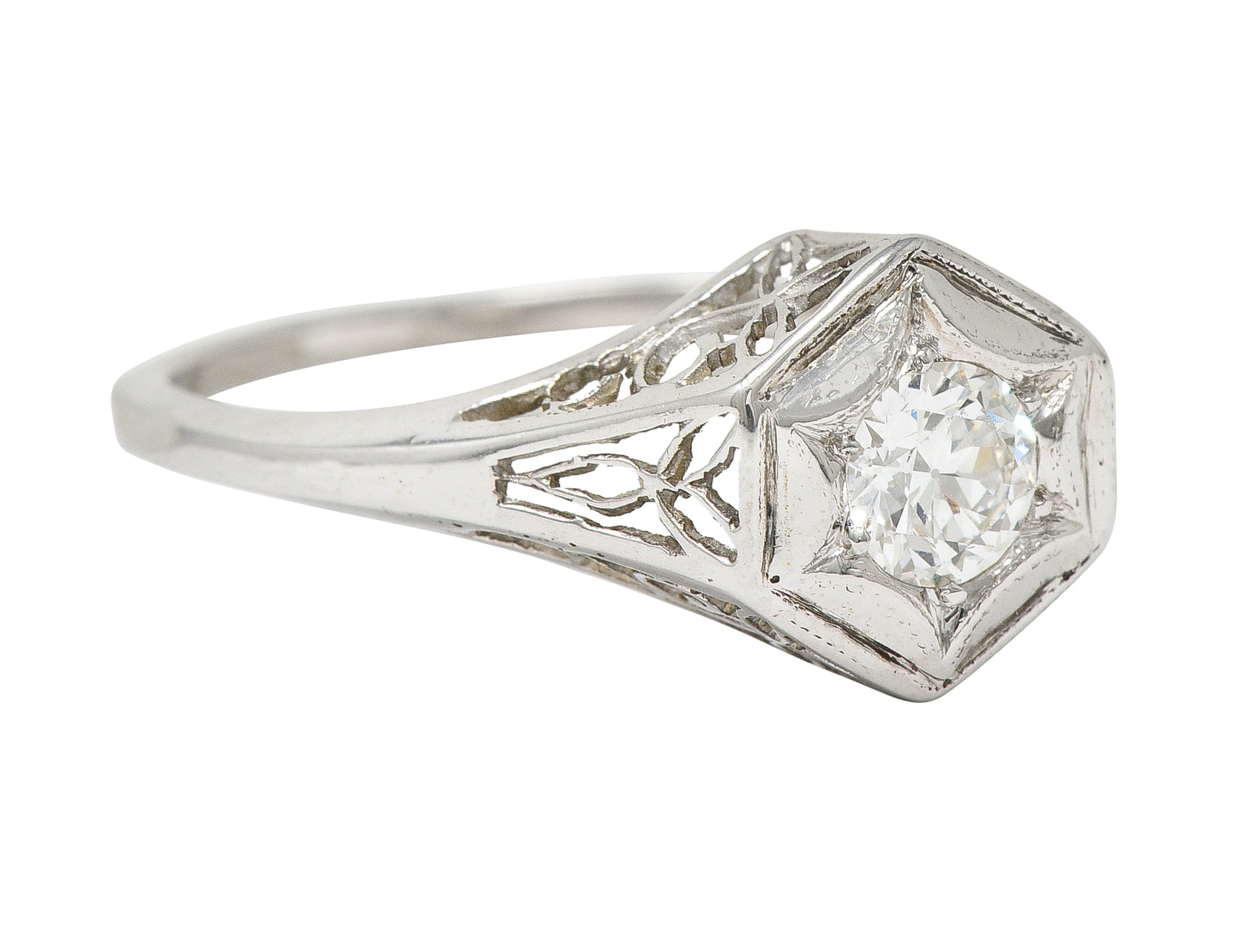 Art Deco 0.47 CTW Diamond 14 Karat White Gold Starburst Foliate Engagement Ring Wilson's Estate Jewelry