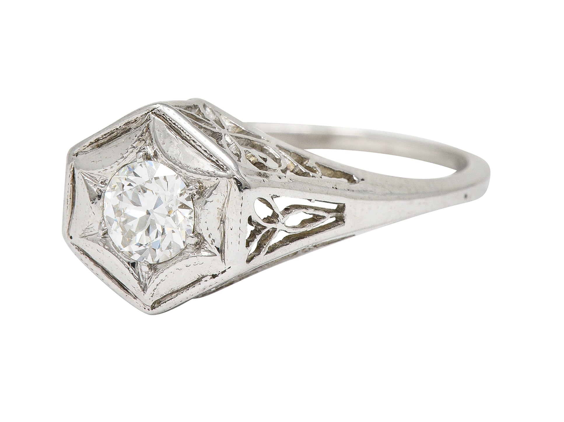 Art Deco 0.47 CTW Diamond 14 Karat White Gold Starburst Foliate Engagement Ring Wilson's Estate Jewelry