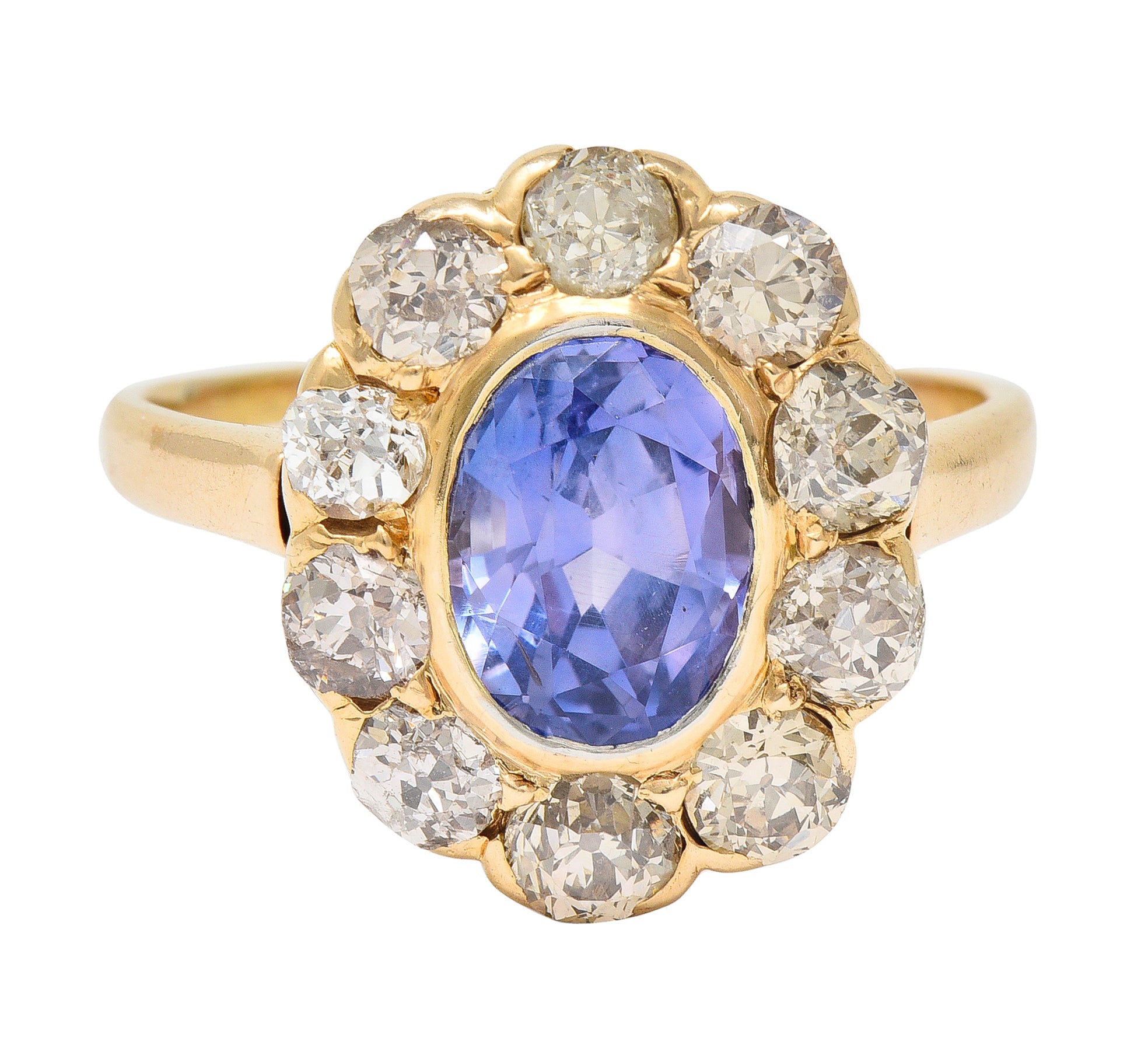 Victorian 3.18 CTW No Heat Ceylon Sapphire Diamond 14 Karat Yellow Gold Cluster Ring GIA Wilson's Estate Jewelry