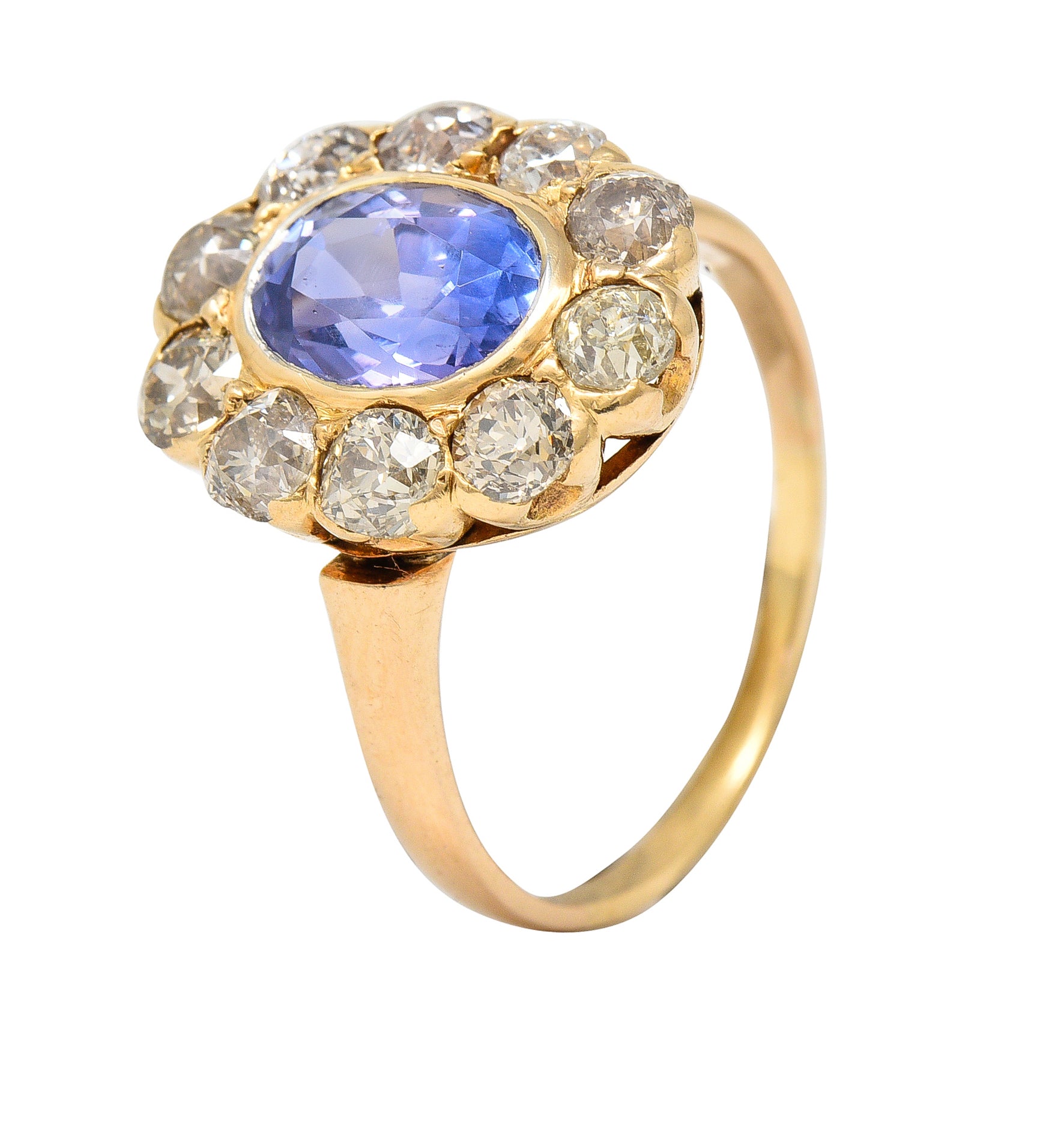 Victorian 3.18 CTW No Heat Ceylon Sapphire Diamond 14 Karat Yellow Gold Cluster Ring GIA Wilson's Estate Jewelry