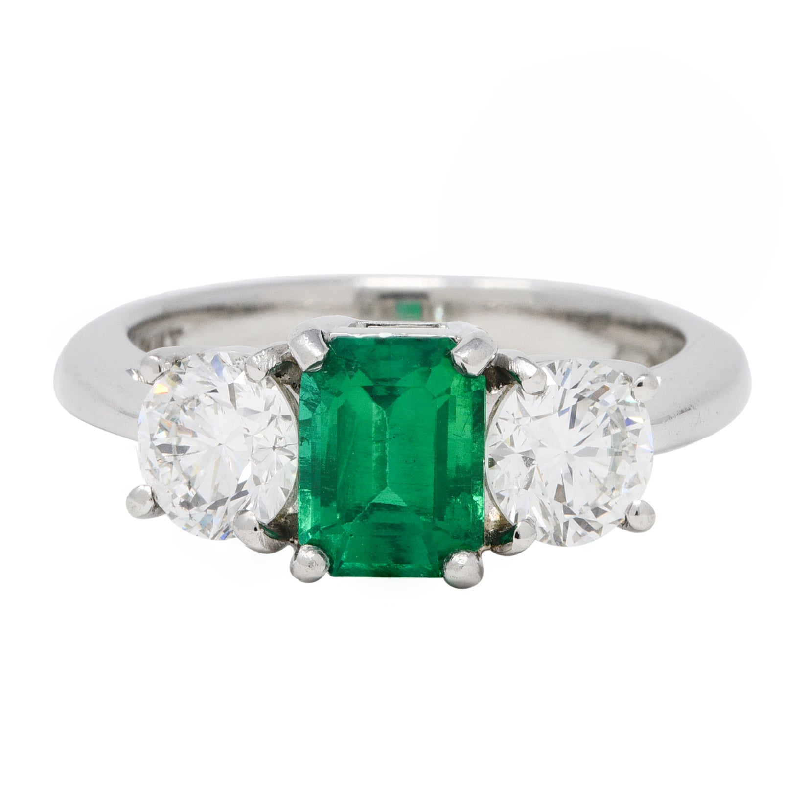 Mid-Century 2.27 CTW Emerald Diamond Platinum Vintage Three Stone Ring GIA Wilson's Estate Jewelry