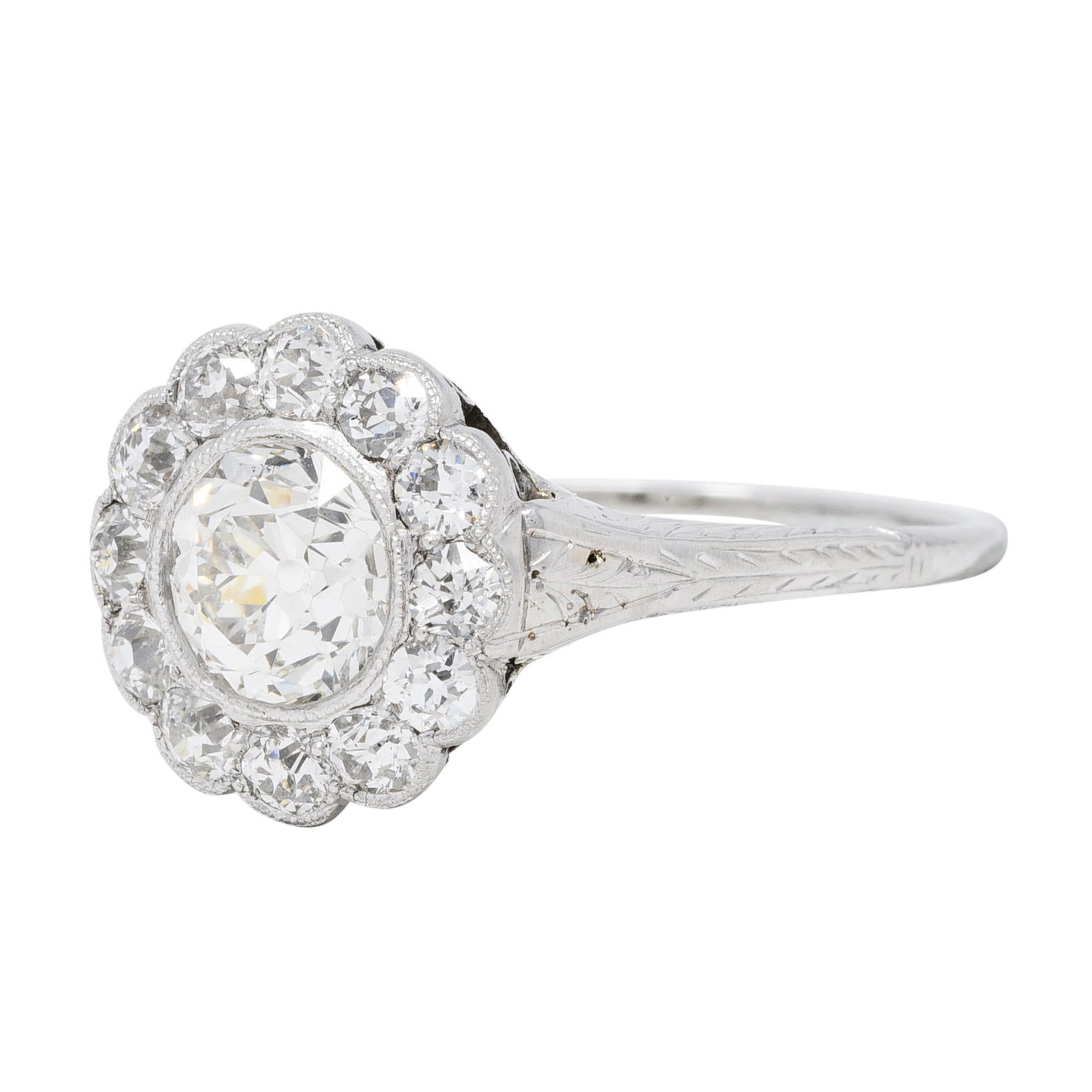 Art Deco 1.44 CTW Old European Cut Diamond 18 Karat White Gold Wheat Halo Ring Wilson's Estate Jewelry