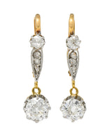 Edwardian European Cut Diamond Platinum Top 18 Karat Gold Antique Drop Earrings Wilson's Estate Jewelry