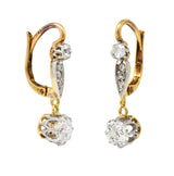 Edwardian European Cut Diamond Platinum Top 18 Karat Gold Antique Drop Earrings Wilson's Estate Jewelry