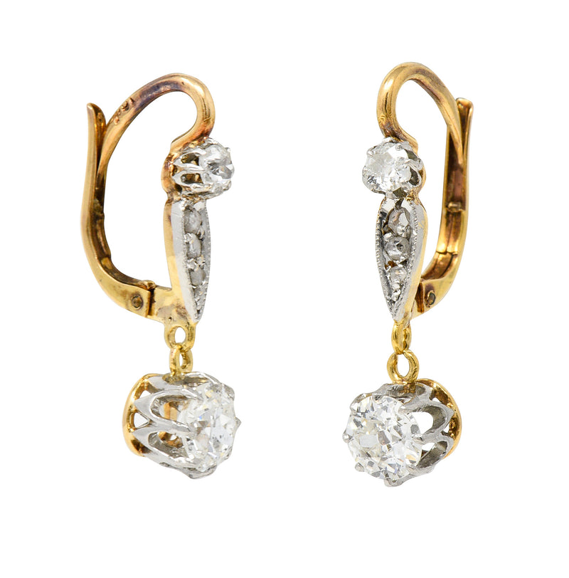 Edwardian European Cut Diamond Platinum Top 18 Karat Gold Antique Drop Earrings Wilson's Estate Jewelry